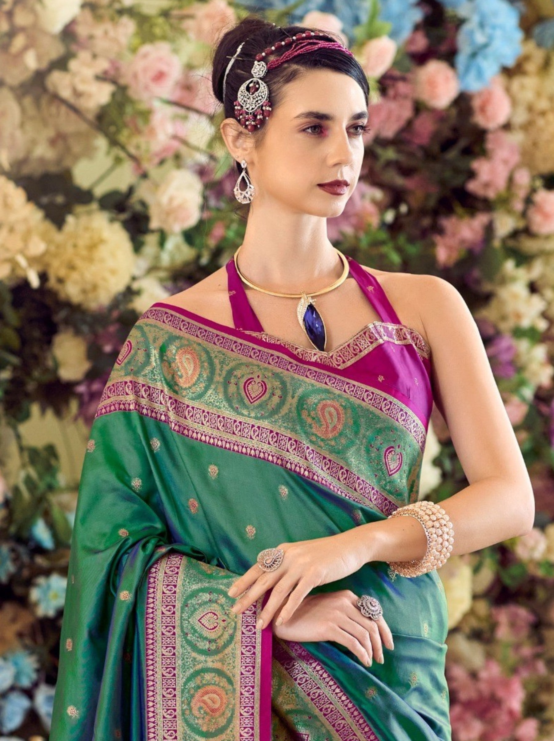 Emerald Green Festive Saree - TrendOye