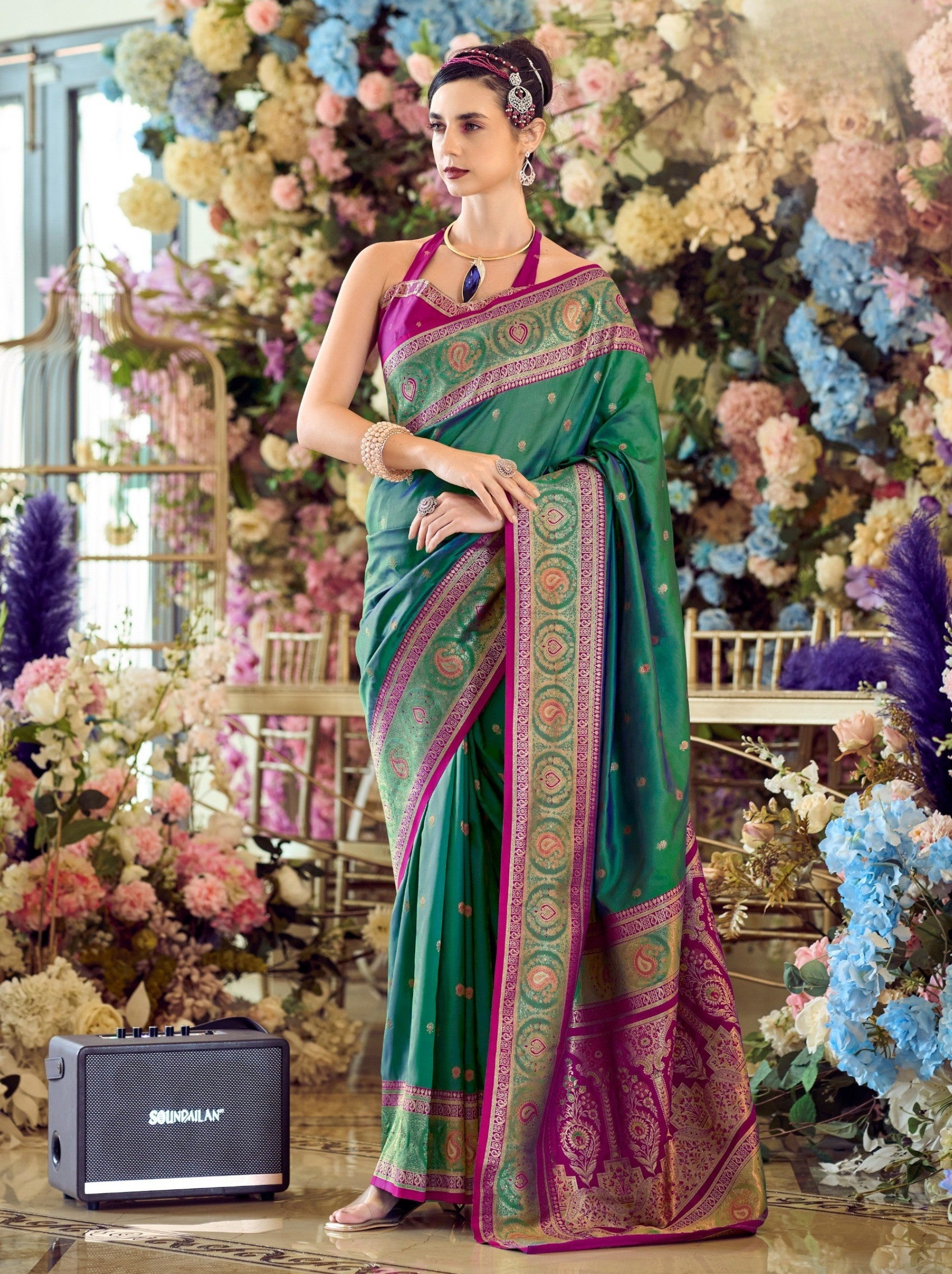 Emerald Green Festive Saree - TrendOye