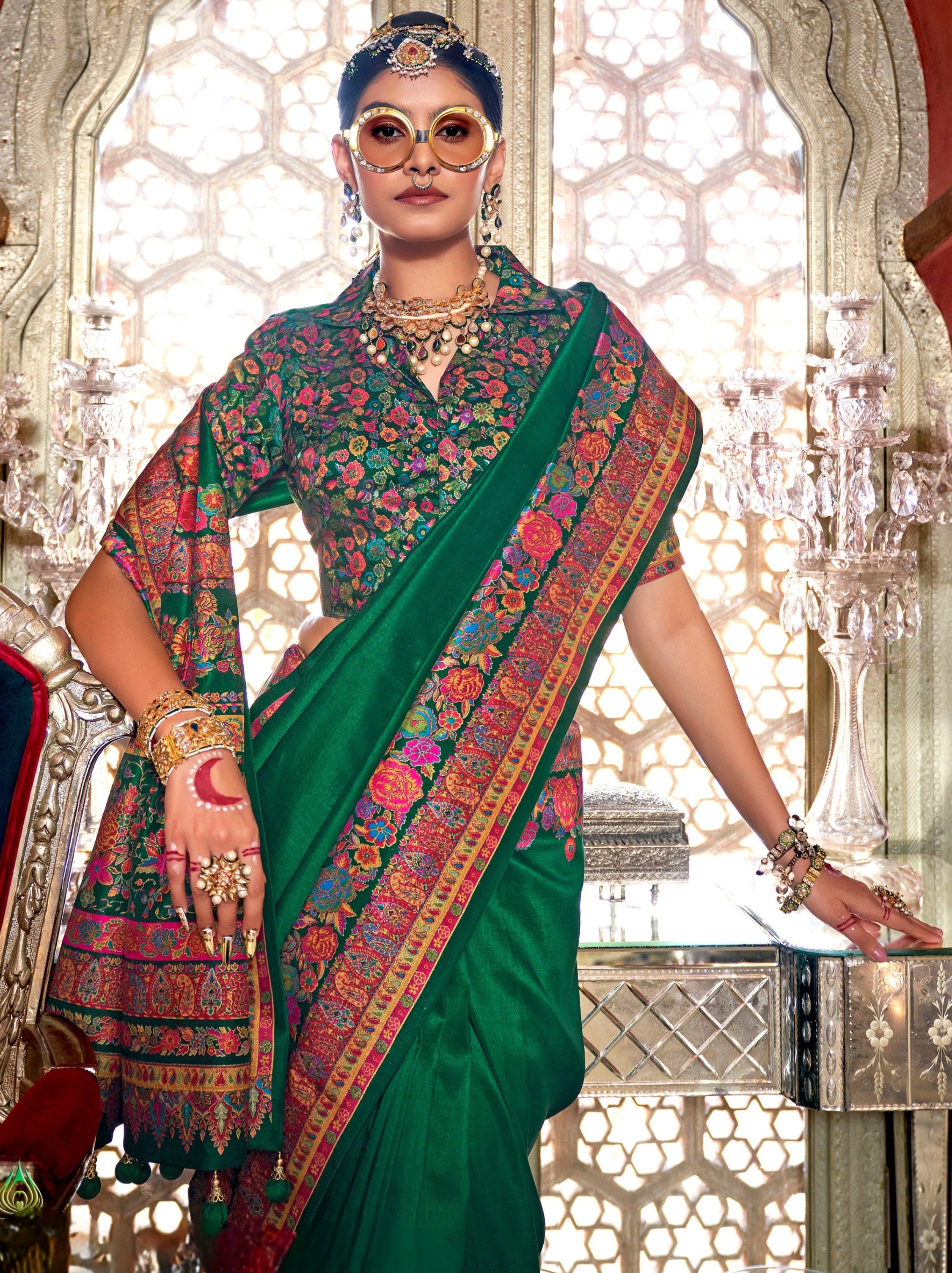 Bottle Green Ethnic Designer Silk Saree With Blouse Piece - TrendOye