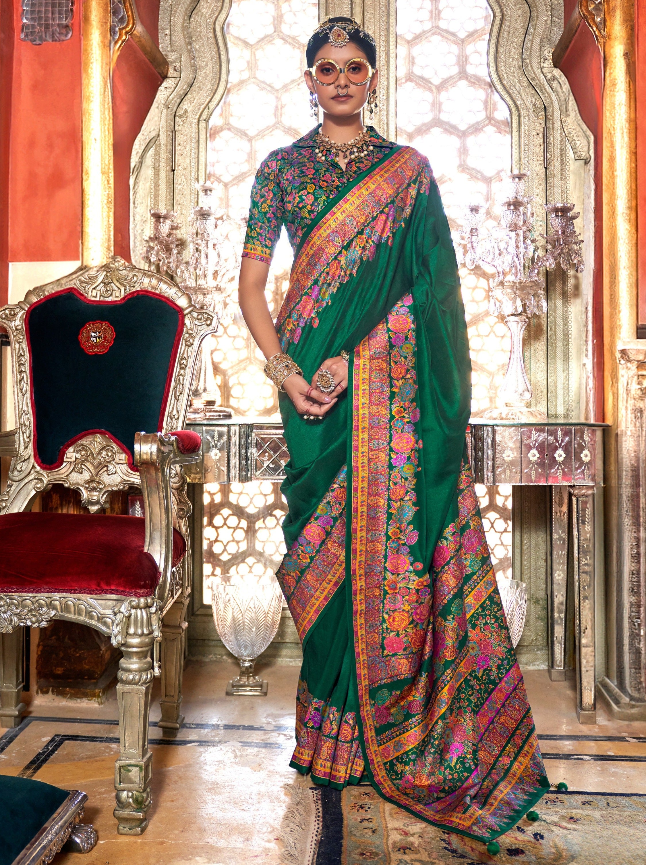 Bottle Green Ethnic Designer Silk Saree With Blouse Piece - TrendOye