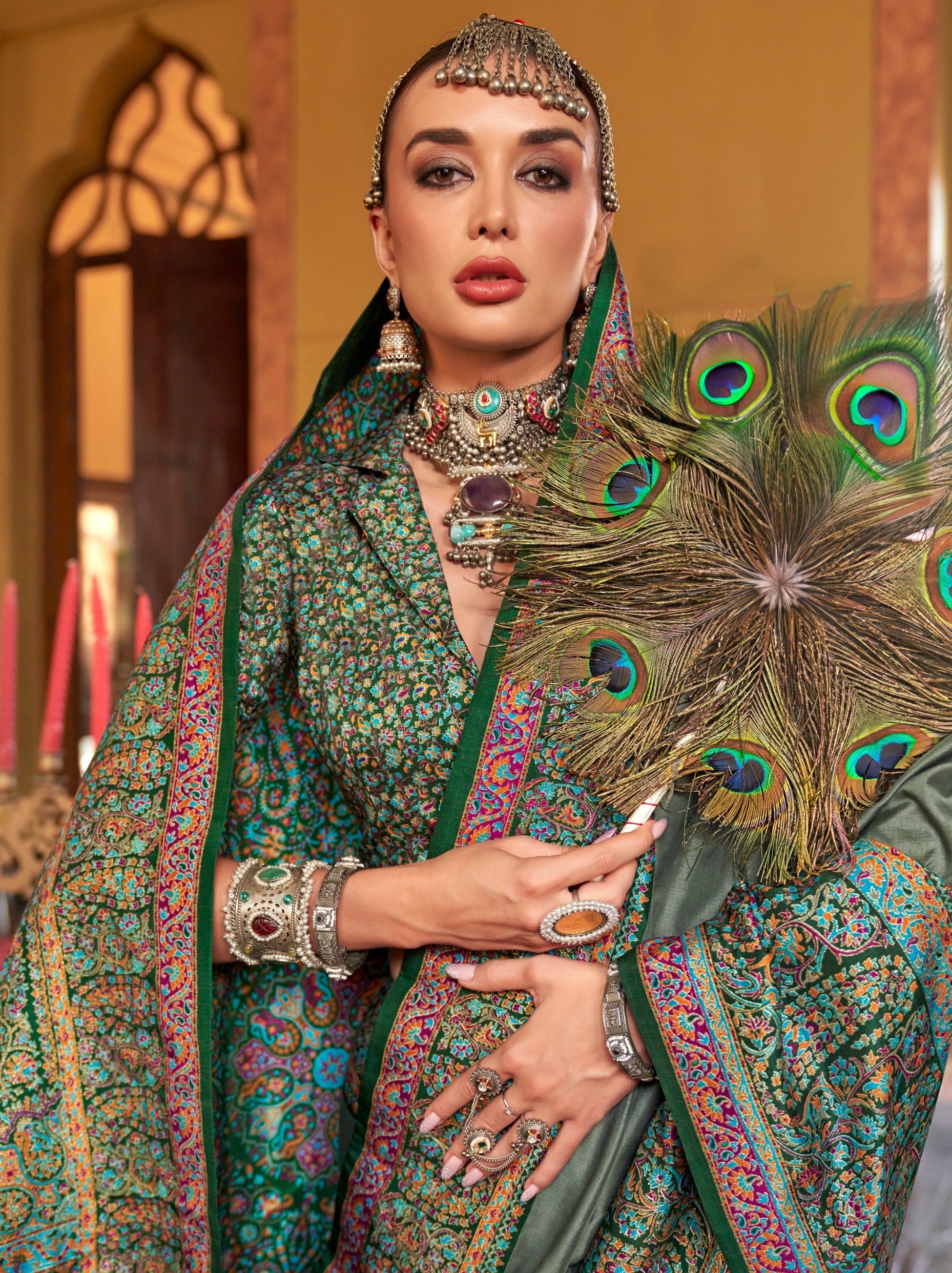 Artichoke Green Ethnic Festive Silk Saree With Blouse Piece - TrendOye
