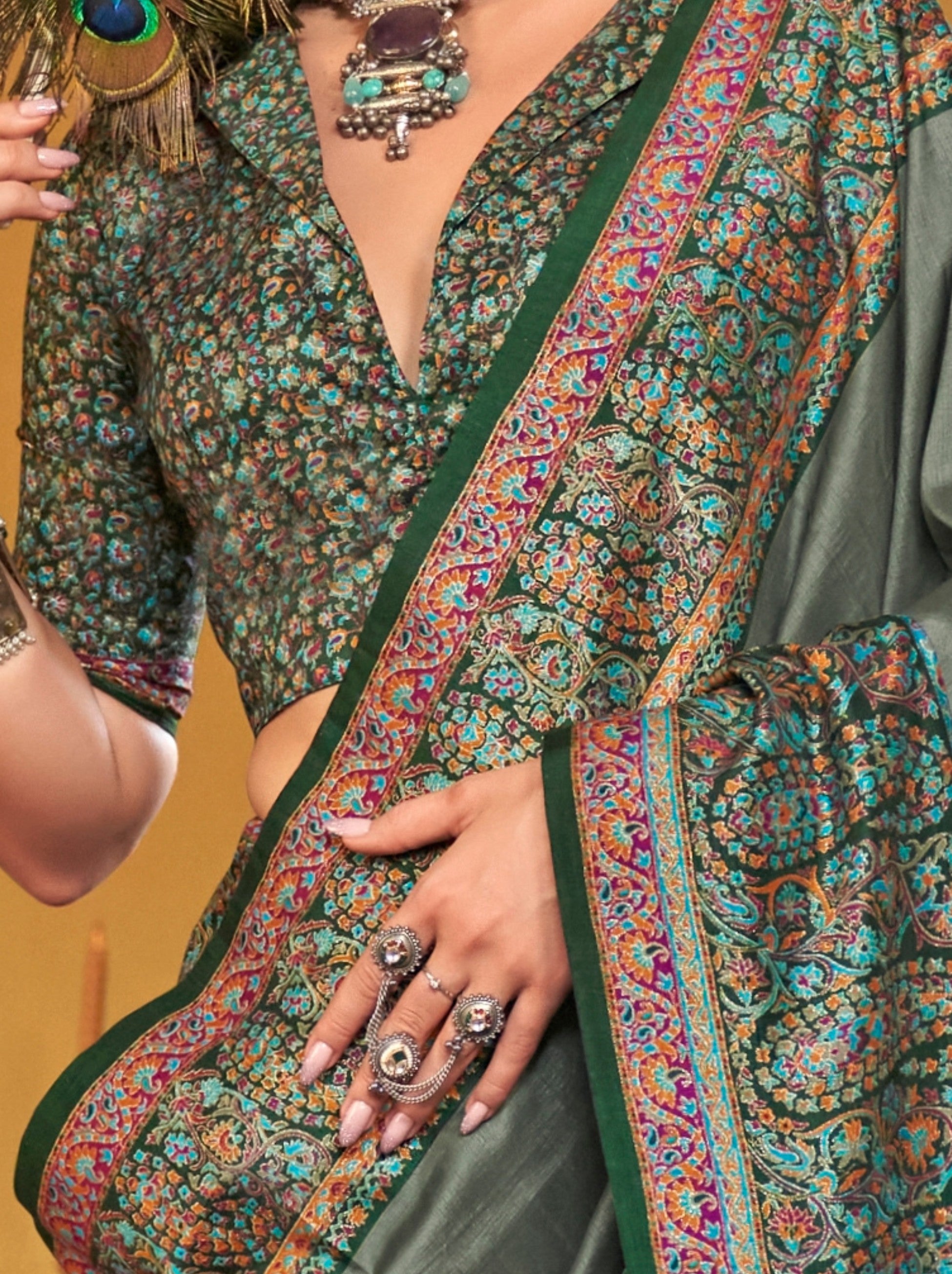 Artichoke Green Ethnic Festive Silk Saree With Blouse Piece - TrendOye