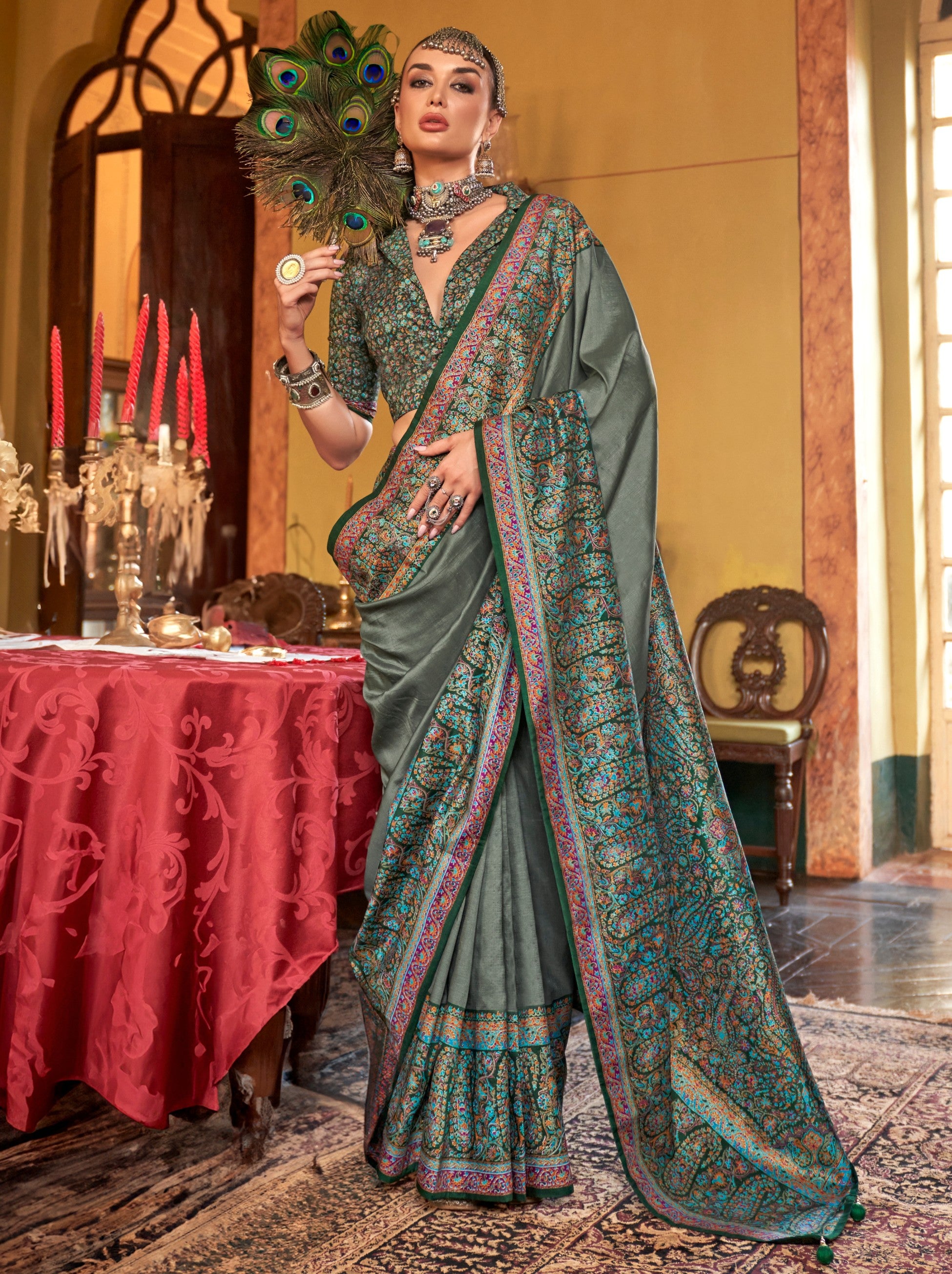 Artichoke Green Ethnic Festive Silk Saree With Blouse Piece - TrendOye