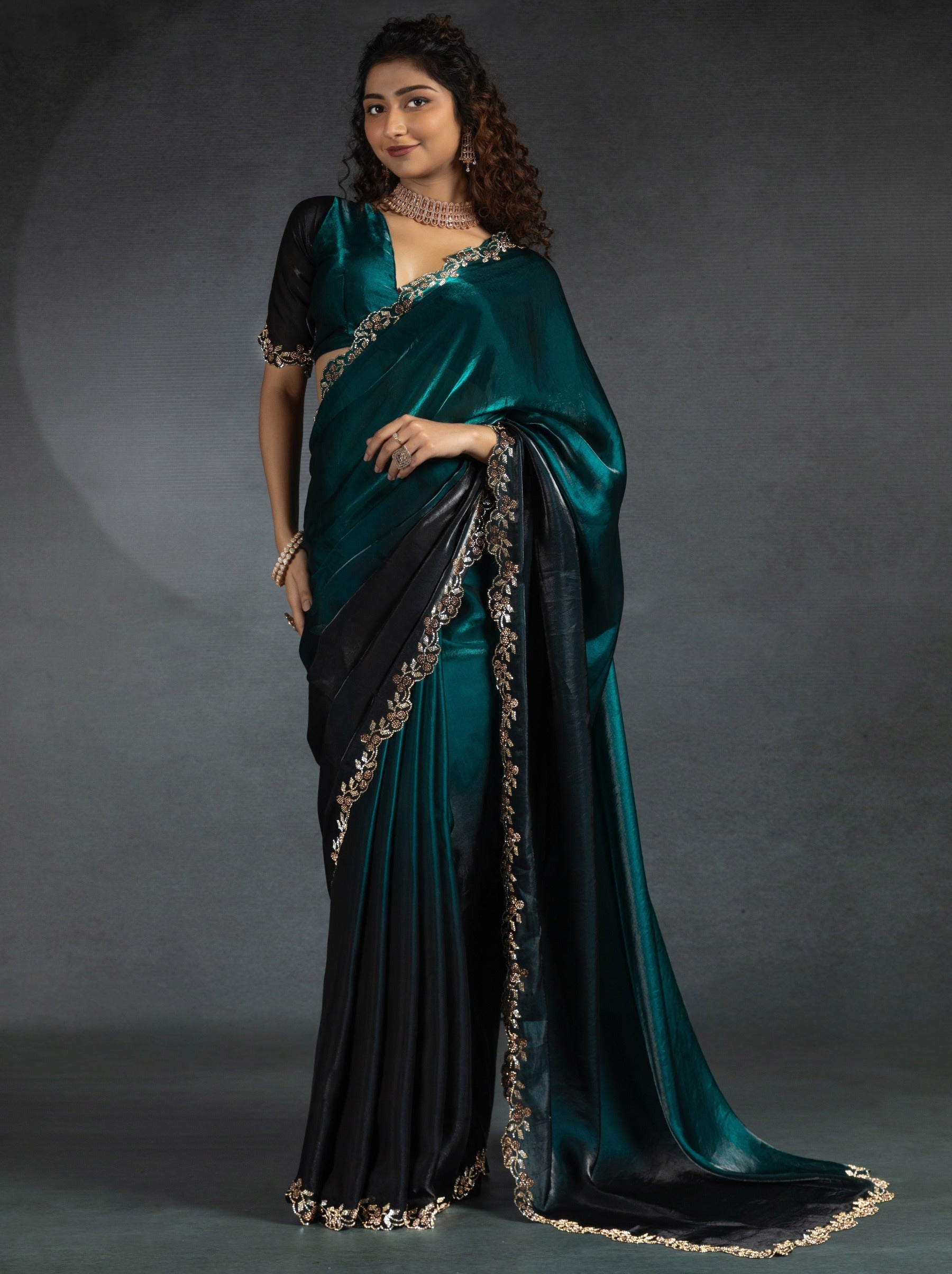 Midnight Green Satin Silk Party Saree With Blouse Piece - TrendOye