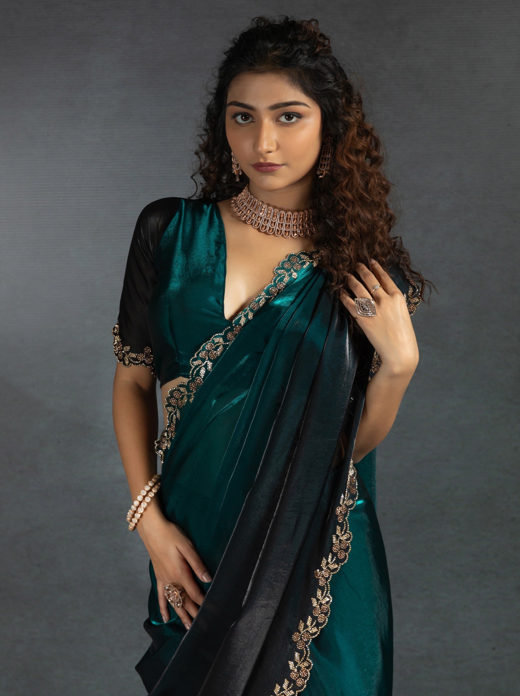 Midnight Green Satin Silk Party Saree With Blouse Piece - TrendOye