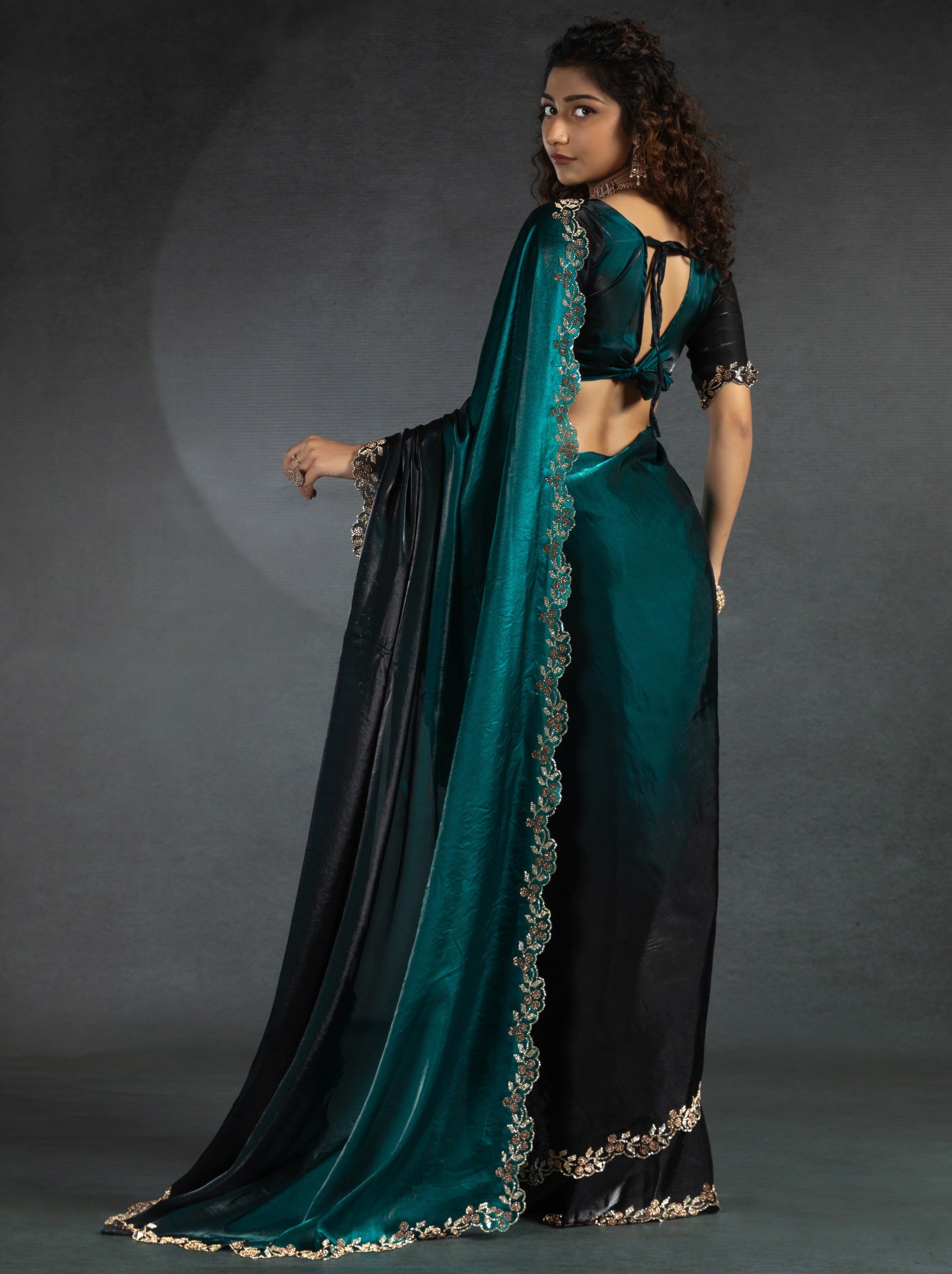 Midnight Green Satin Silk Party Saree With Blouse Piece - TrendOye
