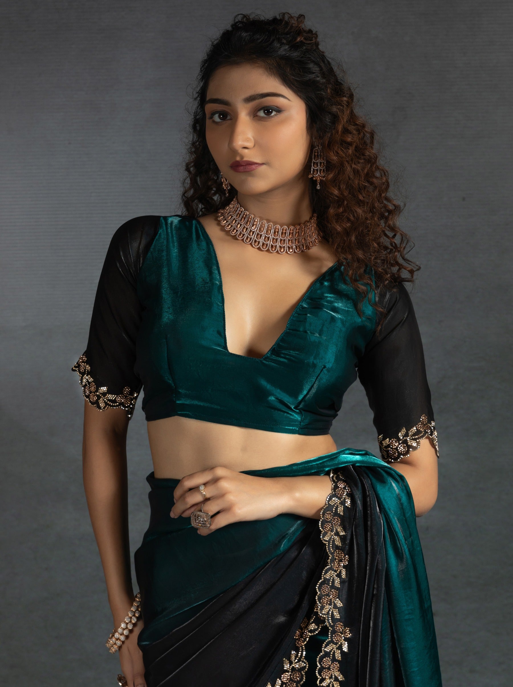Midnight Green Satin Silk Party Saree With Blouse Piece - TrendOye