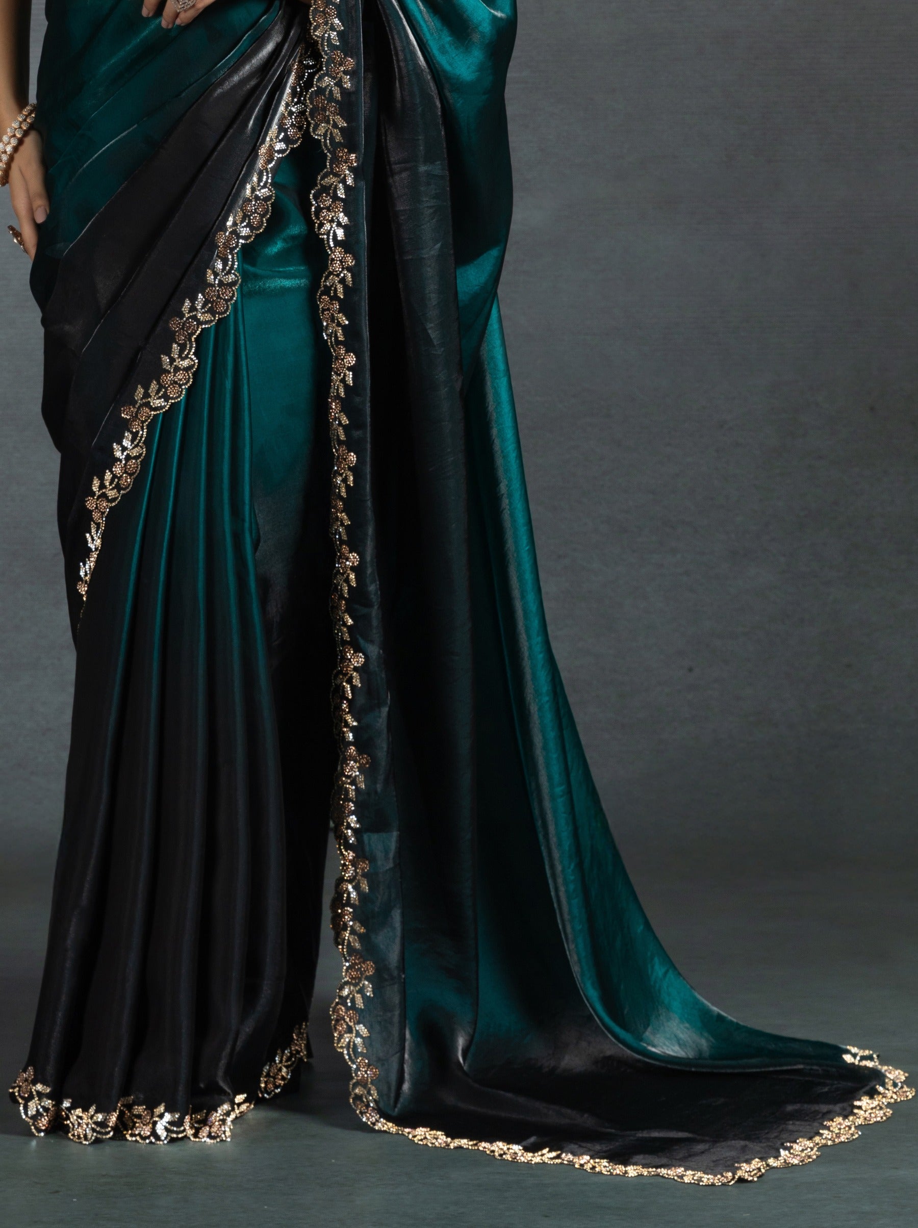 Midnight Green Satin Silk Party Saree With Blouse Piece - TrendOye