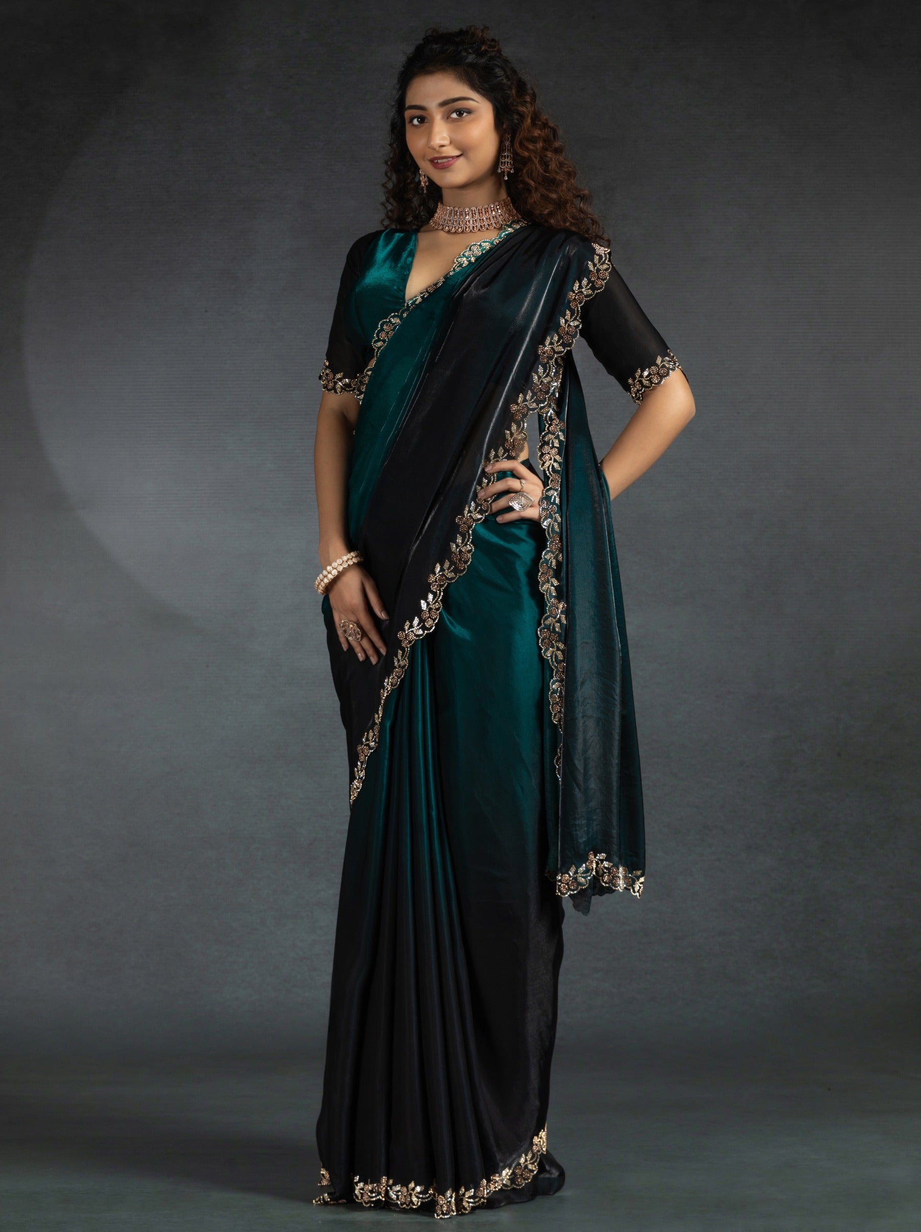 Midnight Green Satin Silk Party Saree With Blouse Piece - TrendOye