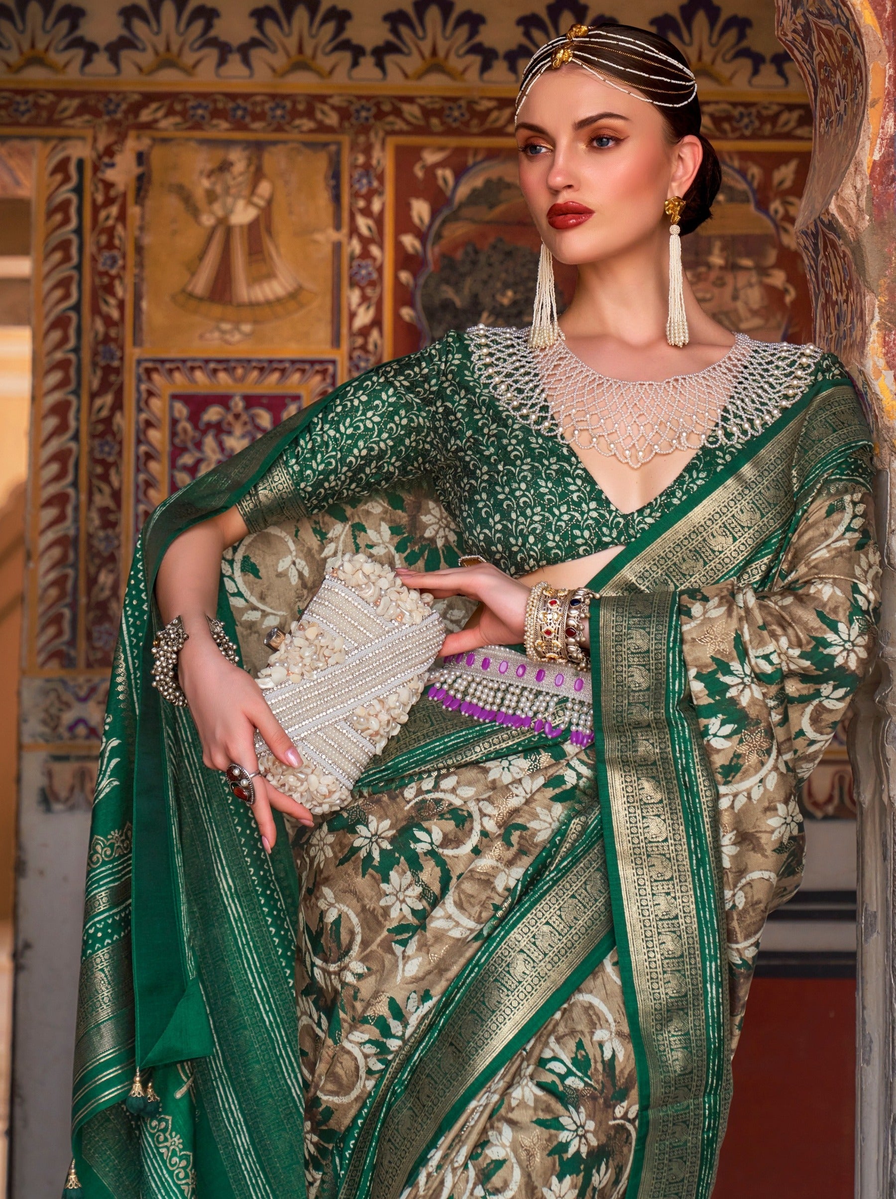 Forest Green Premium Patola Celebration Saree - TrendOye