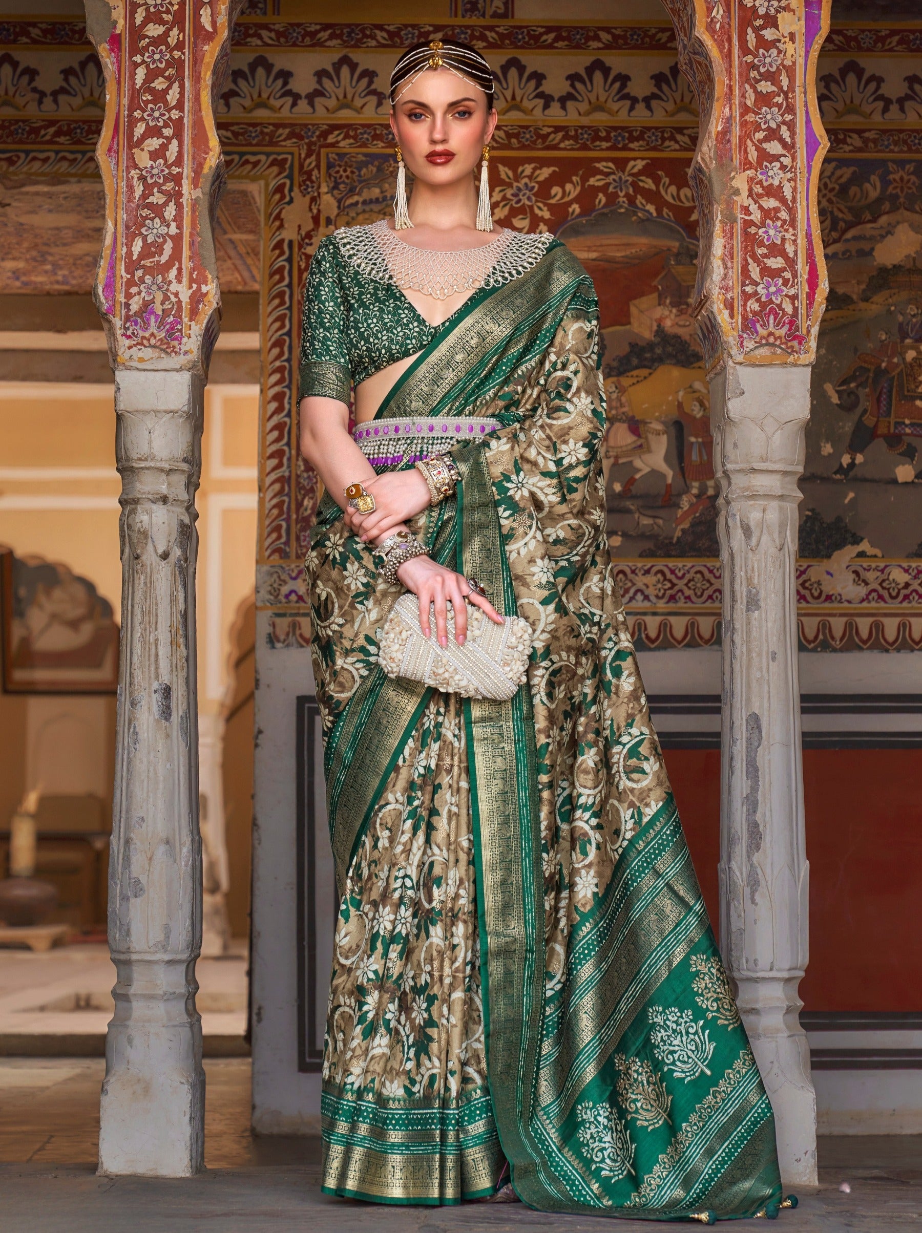Forest Green Premium Patola Celebration Saree - TrendOye