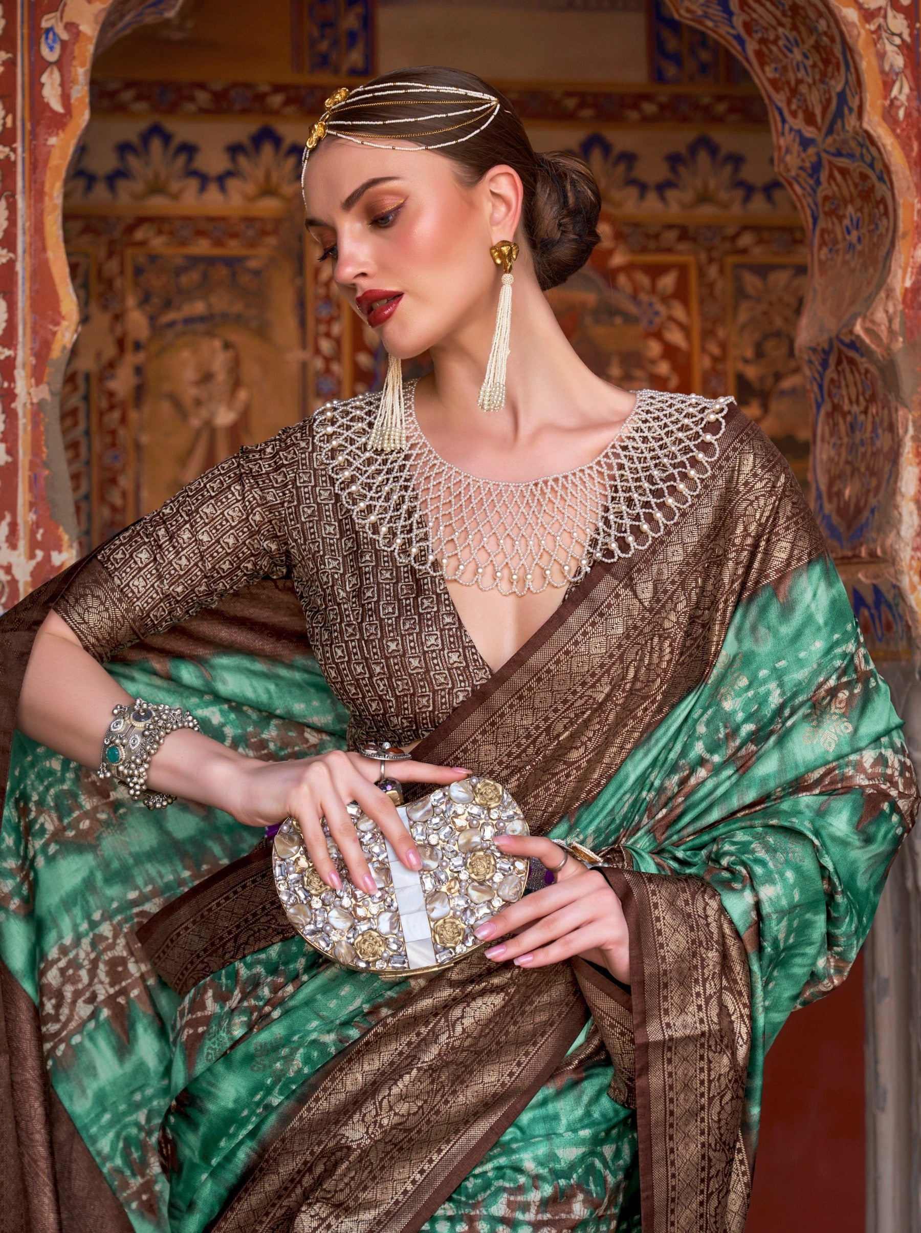 Persian Green Premium Patola Celebration Saree - TrendOye