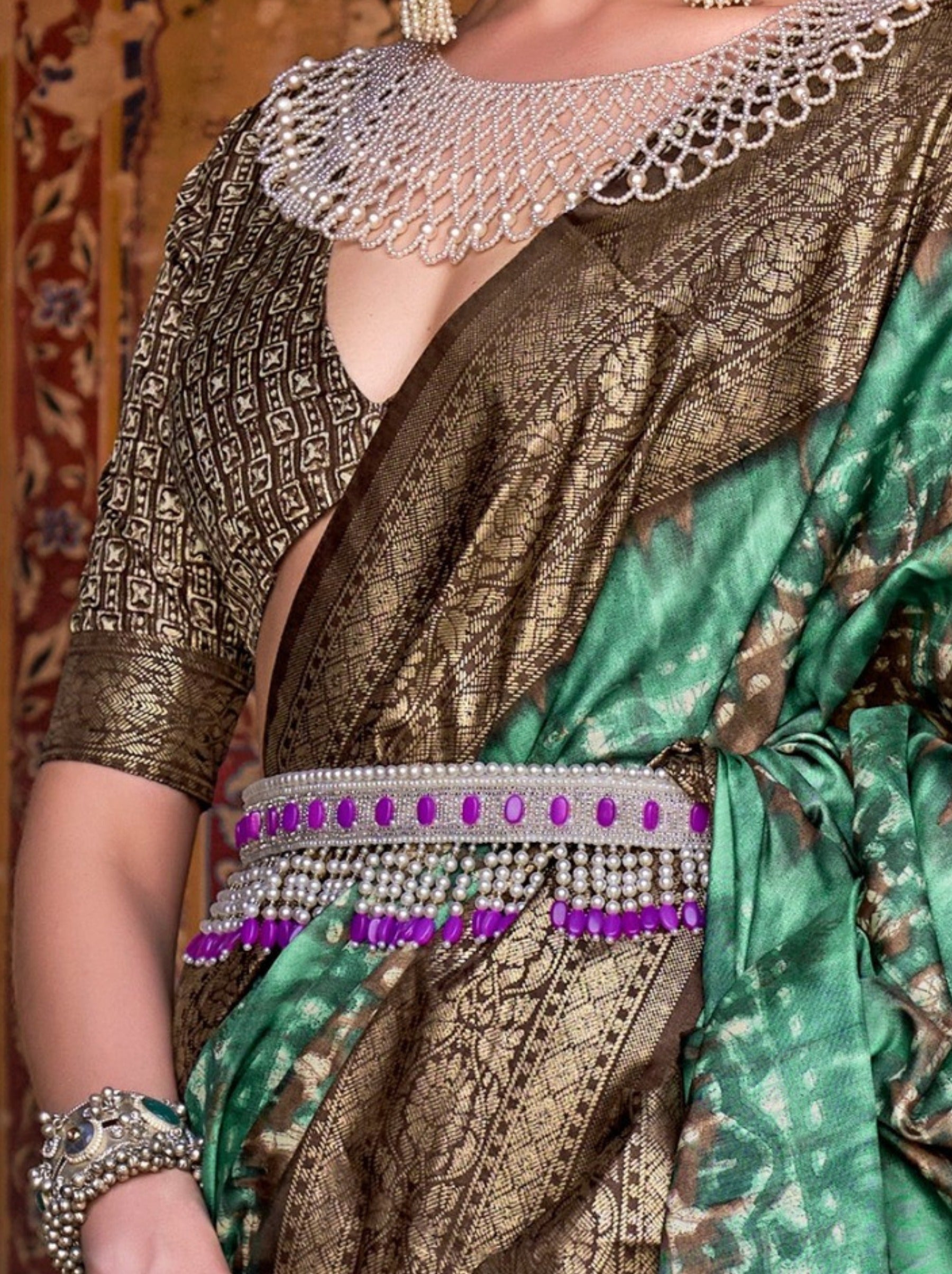 Persian Green Premium Patola Celebration Saree - TrendOye