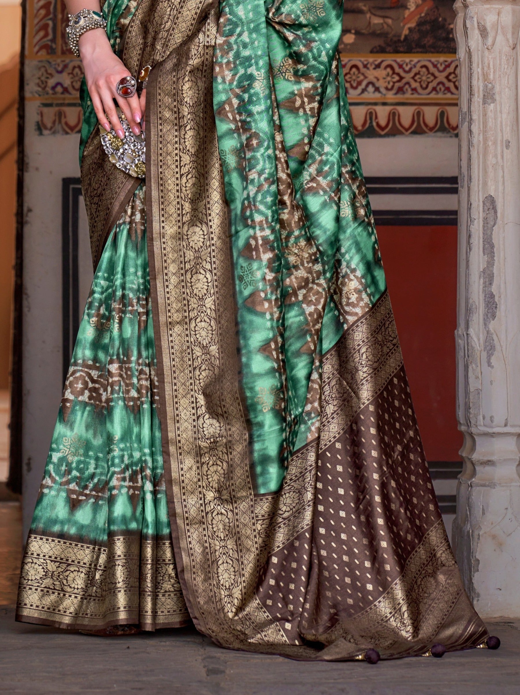 Persian Green Premium Patola Celebration Saree - TrendOye