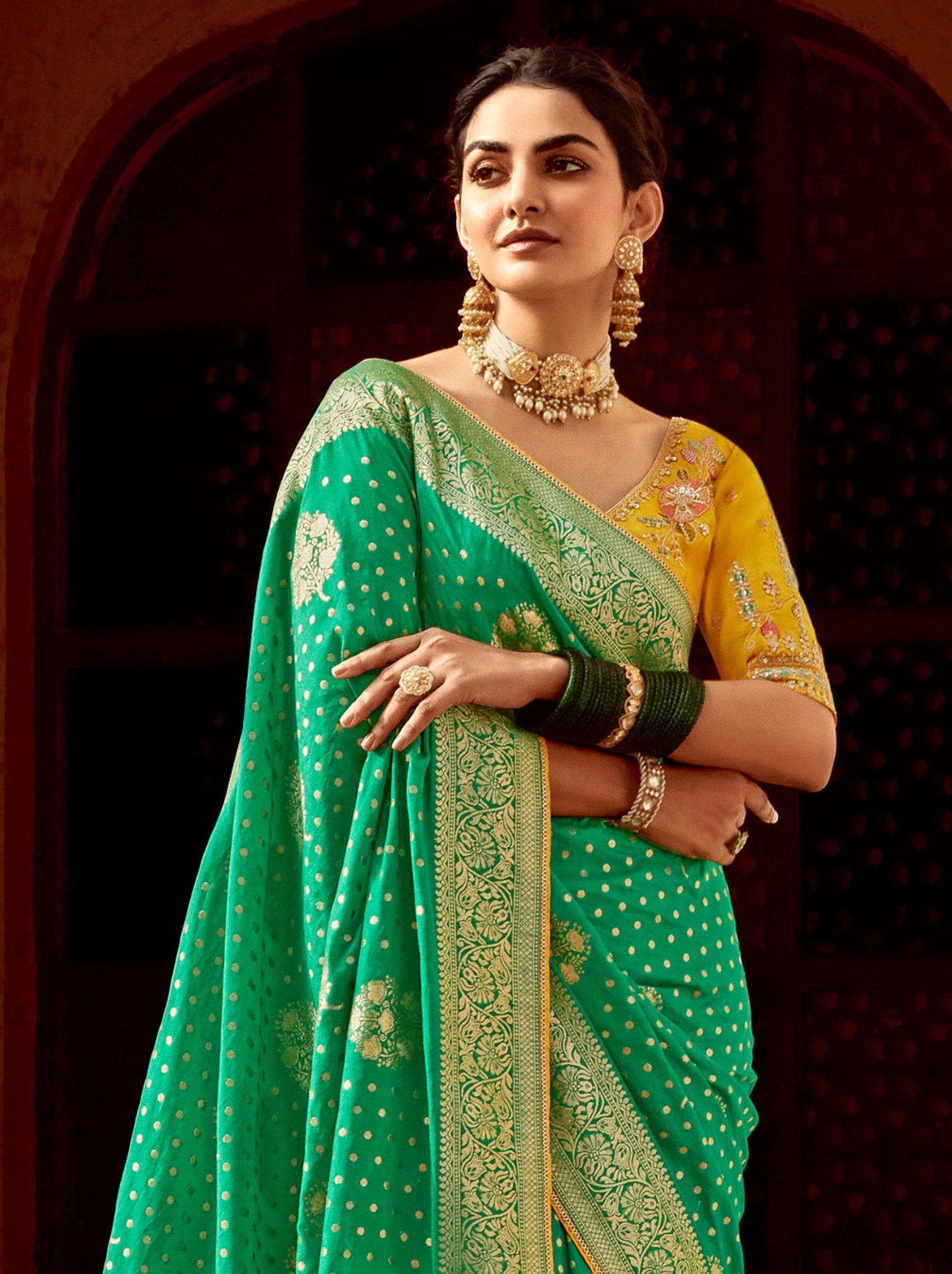 Jade Green Designer Dola Silk Wedding Saree - TrendOye