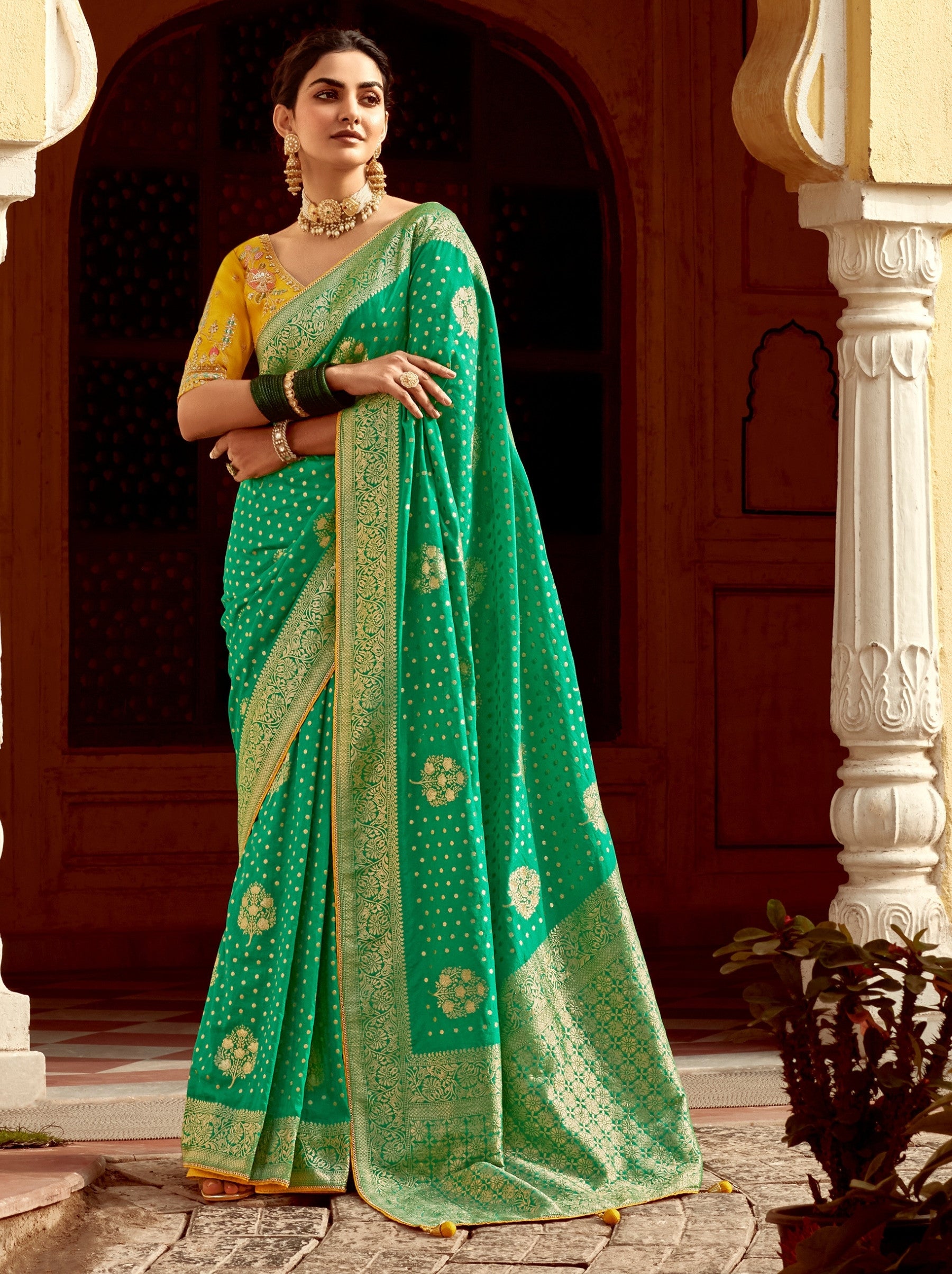 Jade Green Designer Dola Silk Wedding Saree - TrendOye