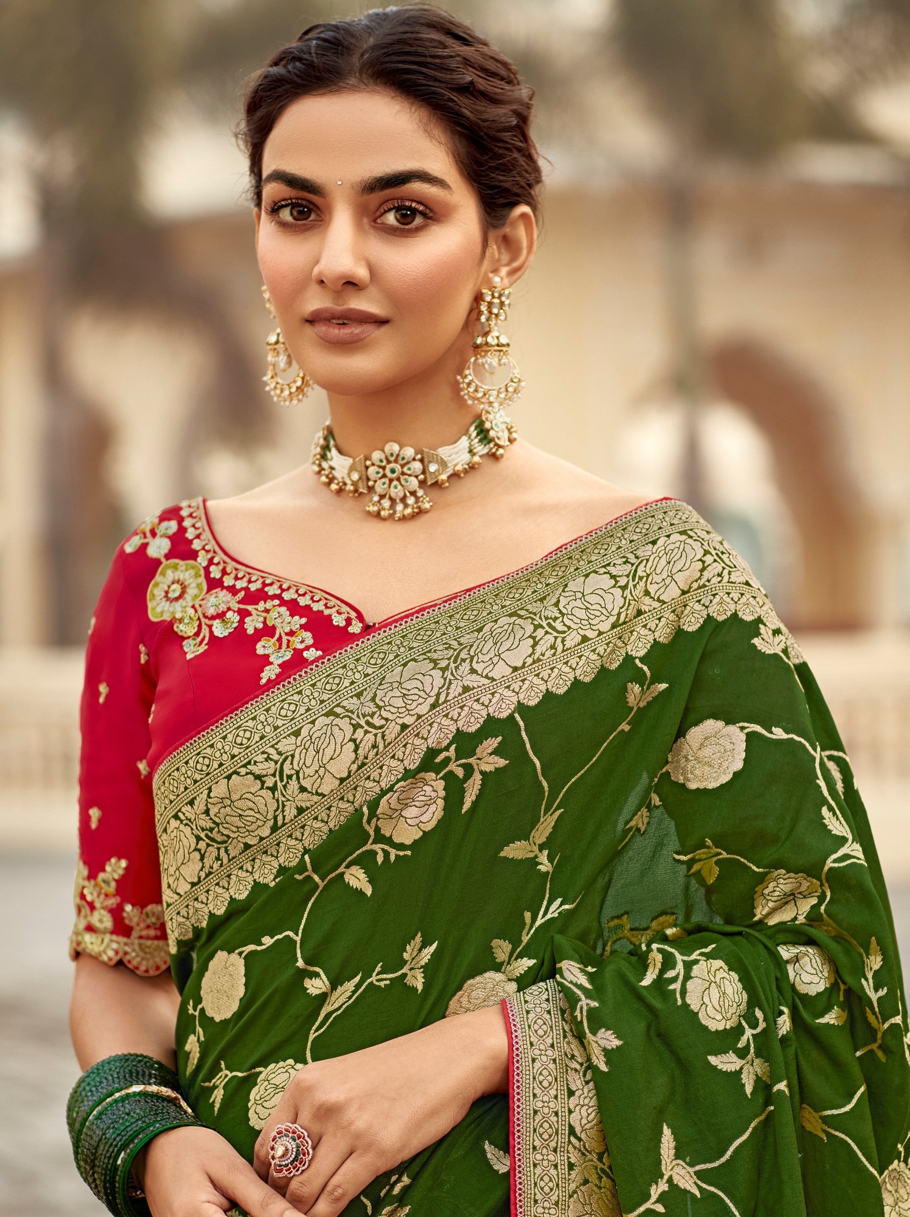 Jungle Green Designer Dola Silk Wedding Saree - TrendOye