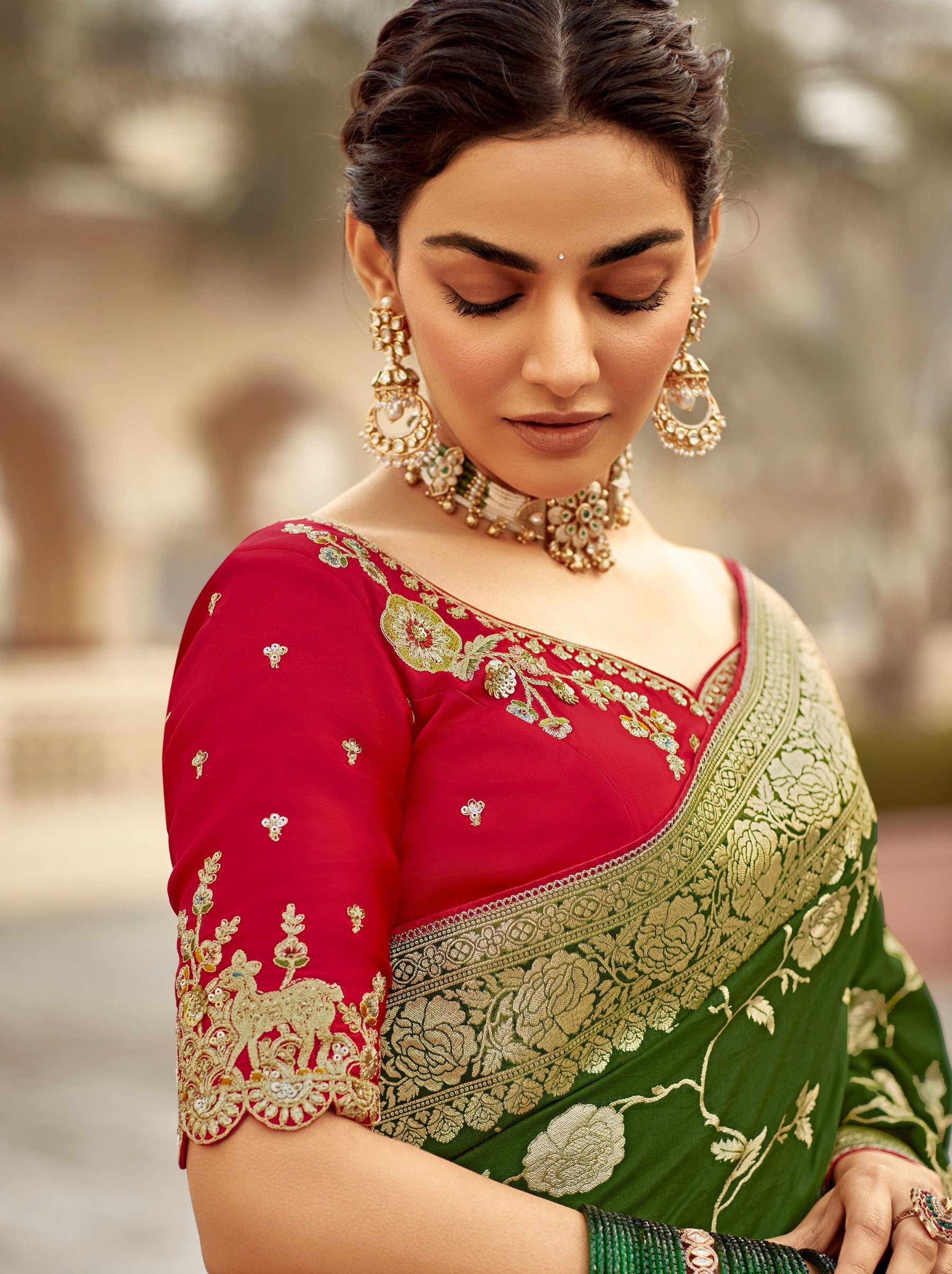 Jungle Green Designer Dola Silk Wedding Saree - TrendOye