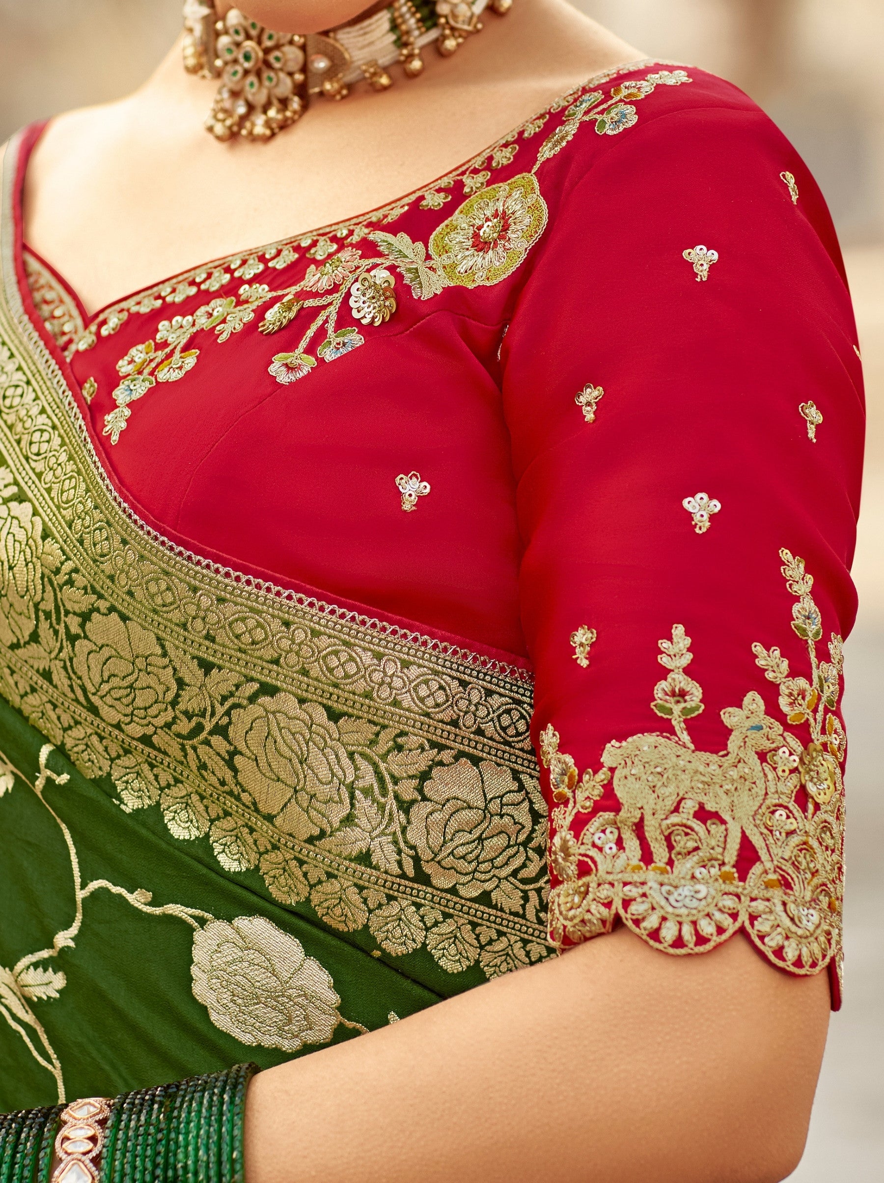 Jungle Green Designer Dola Silk Wedding Saree - TrendOye