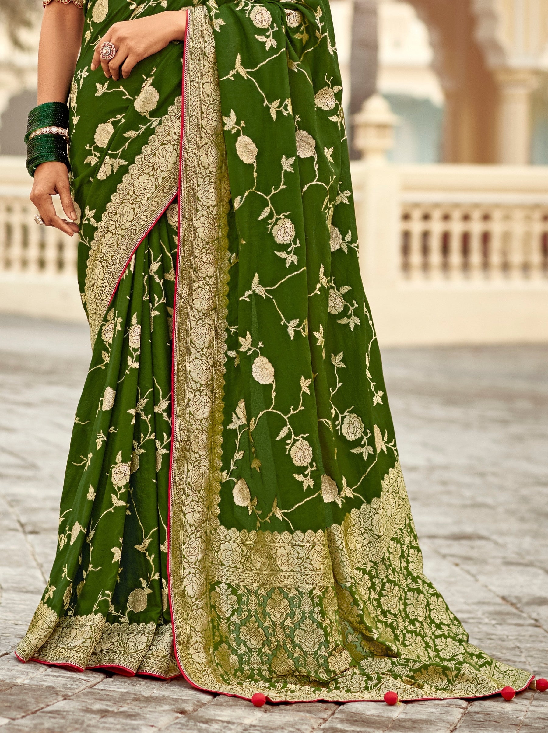 Jungle Green Designer Dola Silk Wedding Saree - TrendOye