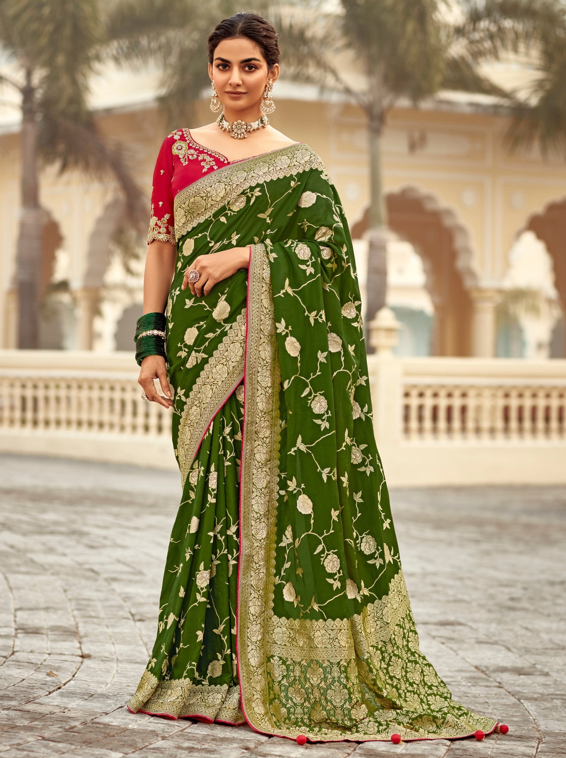 Jungle Green Designer Dola Silk Wedding Saree - TrendOye