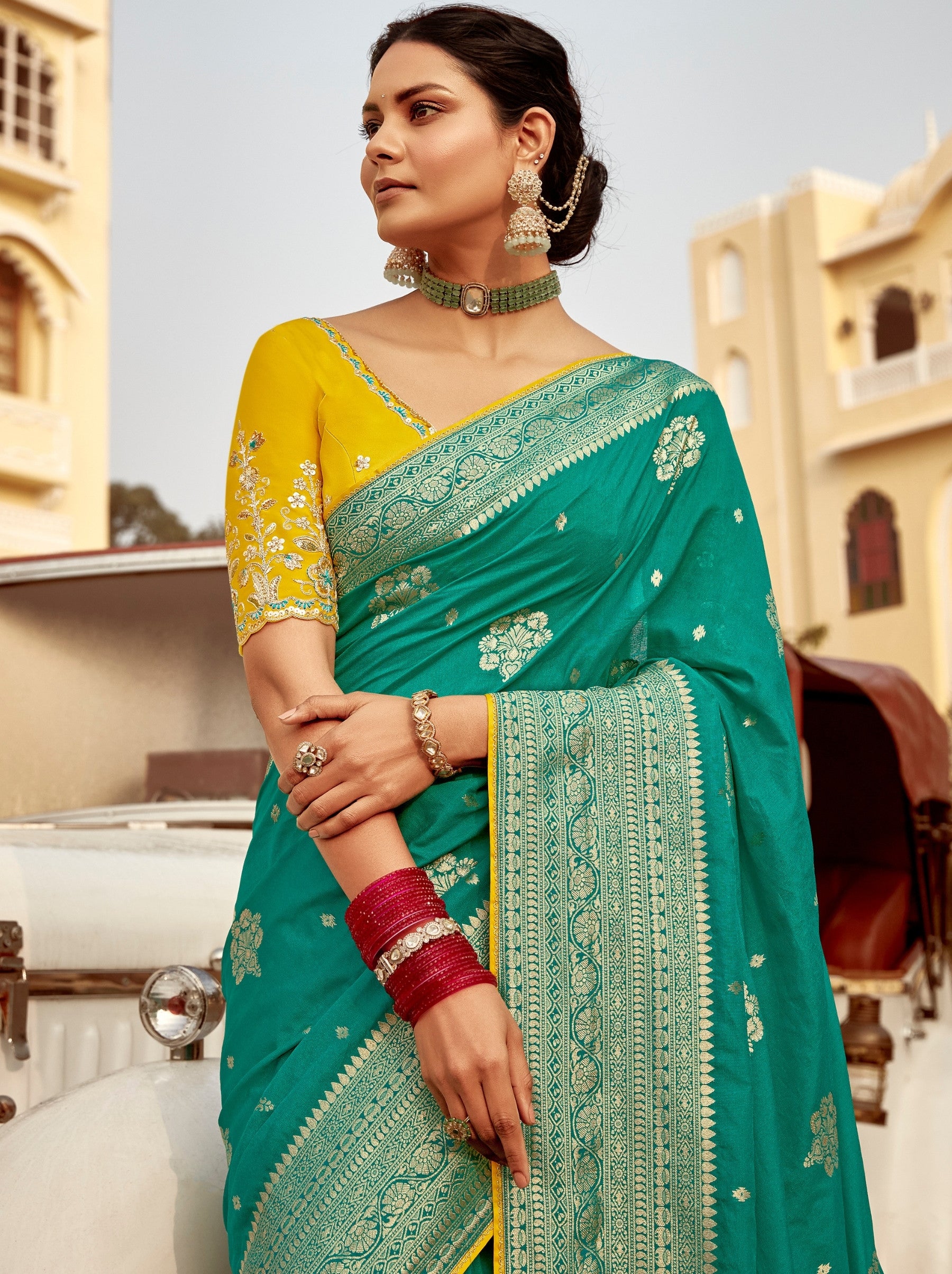 Persian Green Designer Dola Silk Wedding Saree - TrendOye
