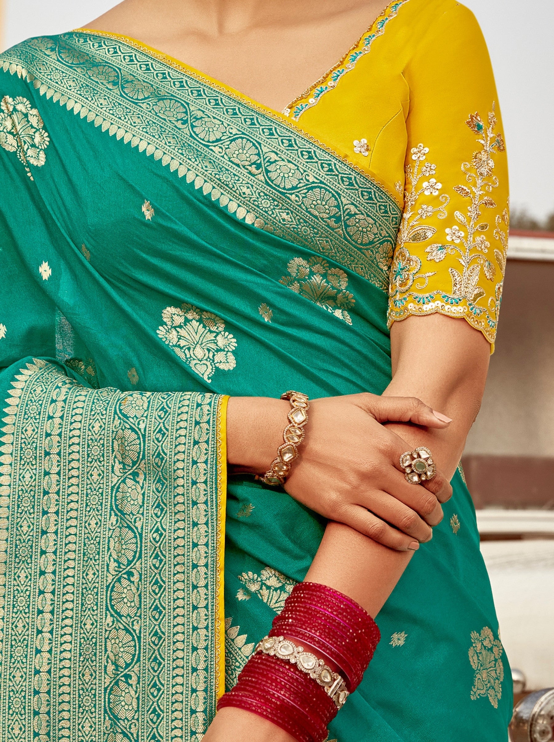 Persian Green Designer Dola Silk Wedding Saree - TrendOye