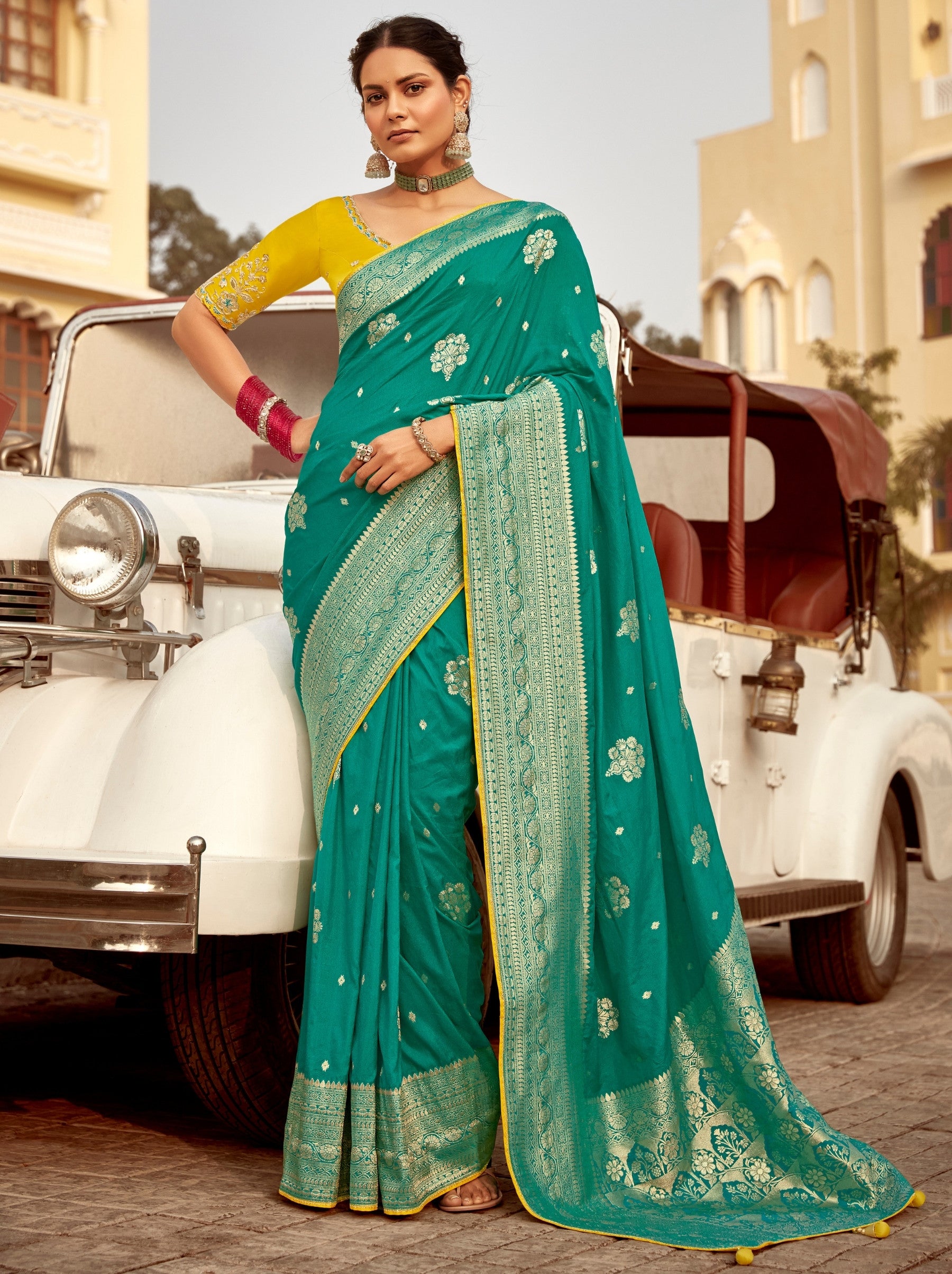 Persian Green Designer Dola Silk Wedding Saree - TrendOye