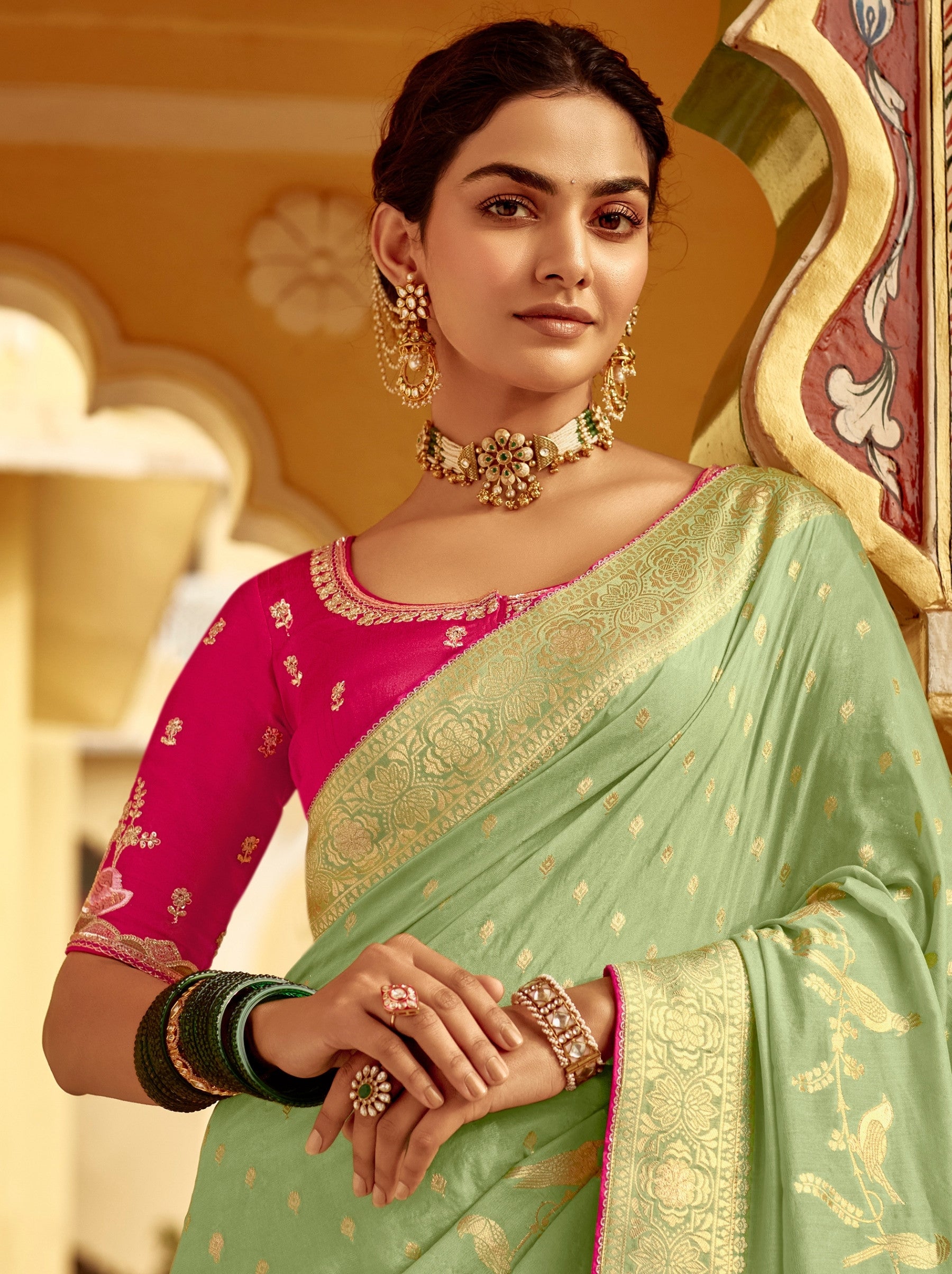 Pistachio Green Designer Dola Silk Wedding Saree - TrendOye