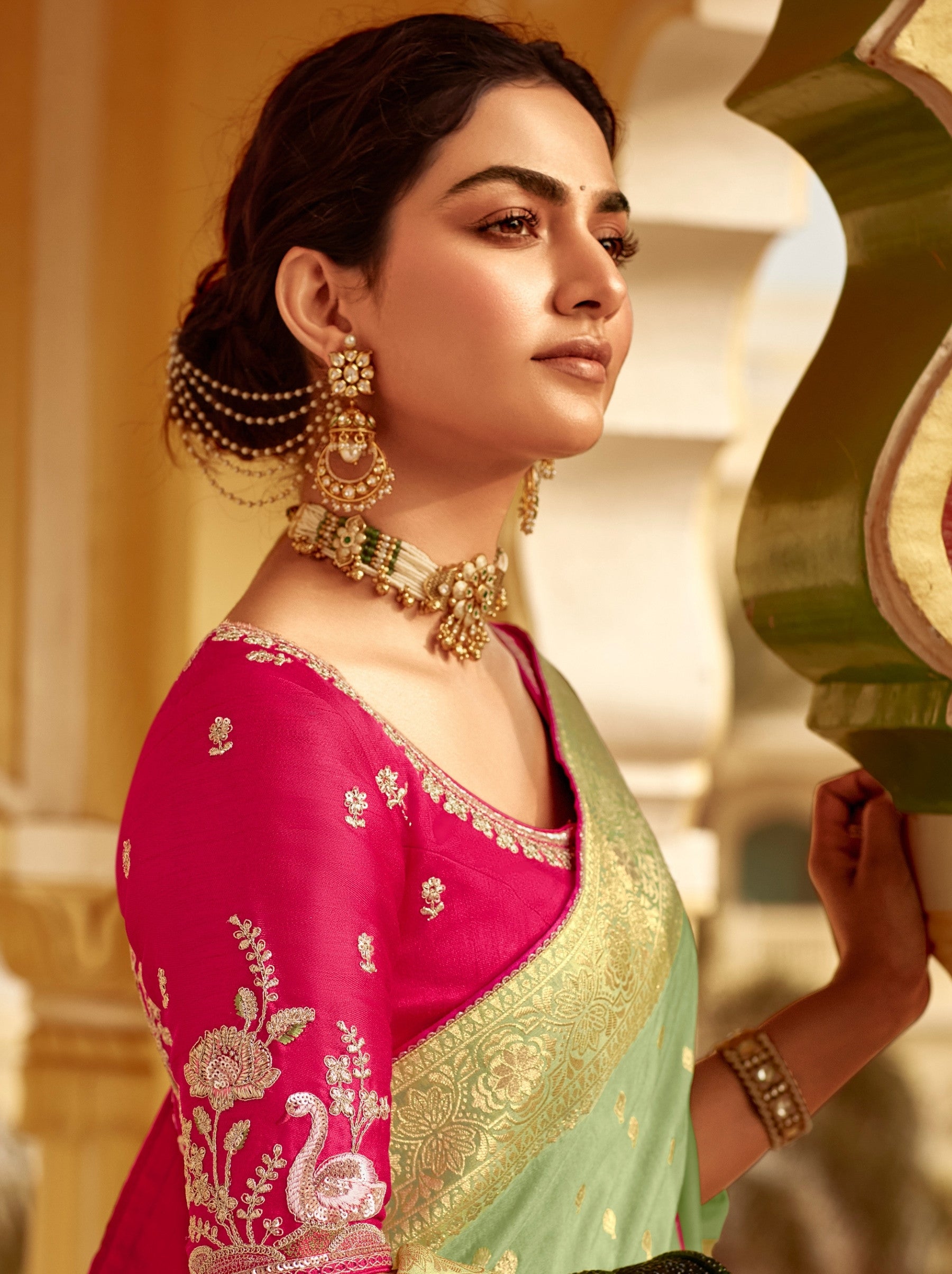 Pistachio Green Designer Dola Silk Wedding Saree - TrendOye