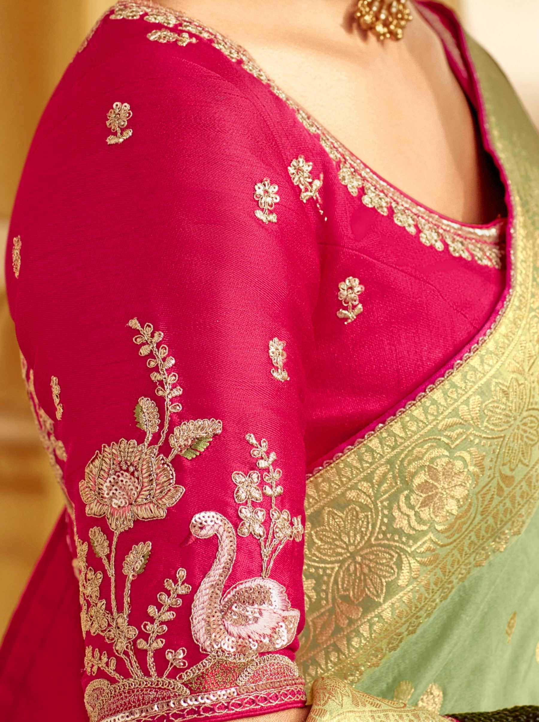 Pistachio Green Designer Dola Silk Wedding Saree - TrendOye
