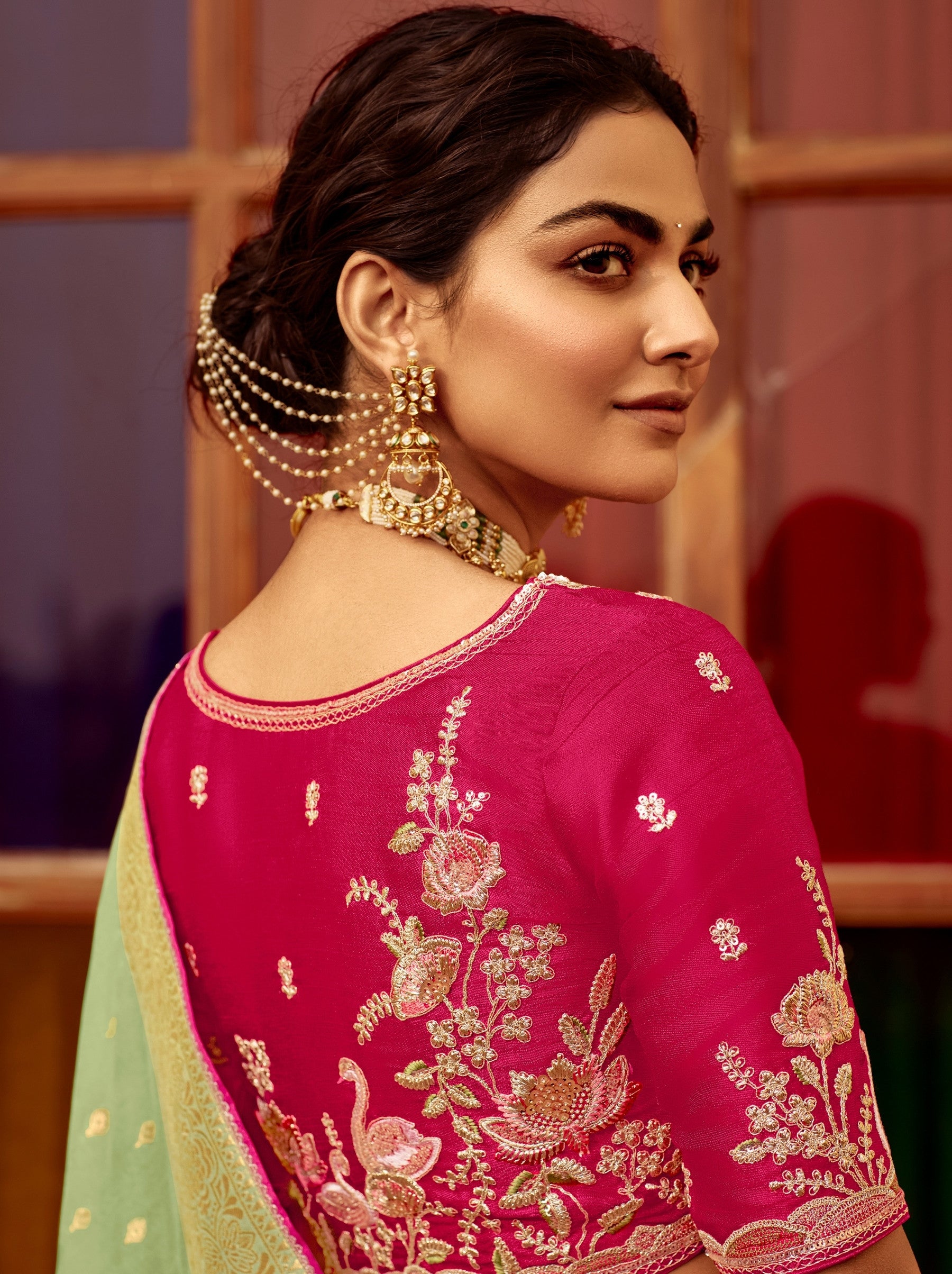 Pistachio Green Designer Dola Silk Wedding Saree - TrendOye