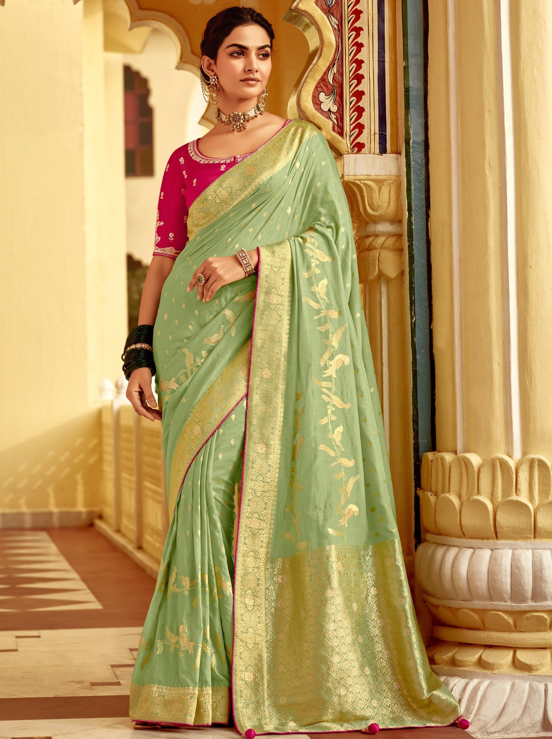 Pistachio Green Designer Dola Silk Wedding Saree - TrendOye