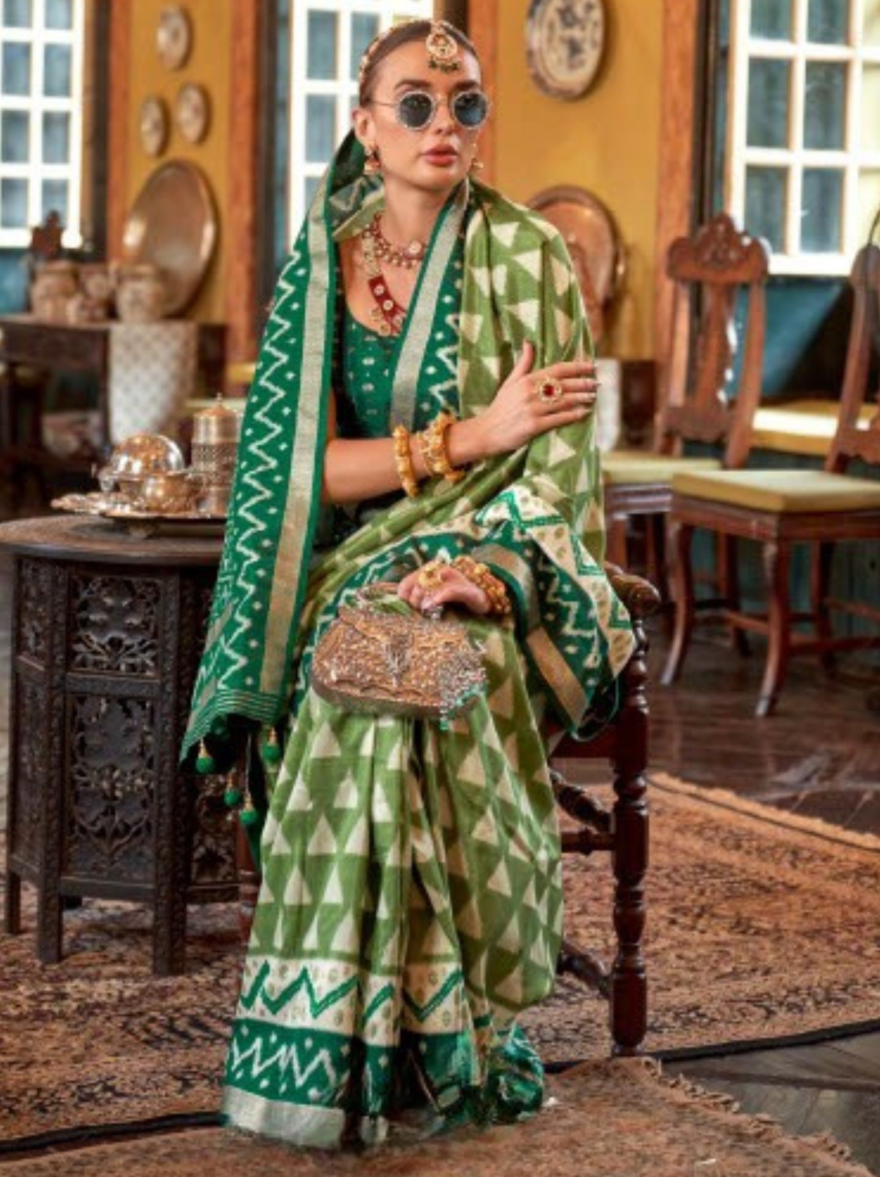 Lime Green Vibrant Patola Silk Festive Saree - TrendOye