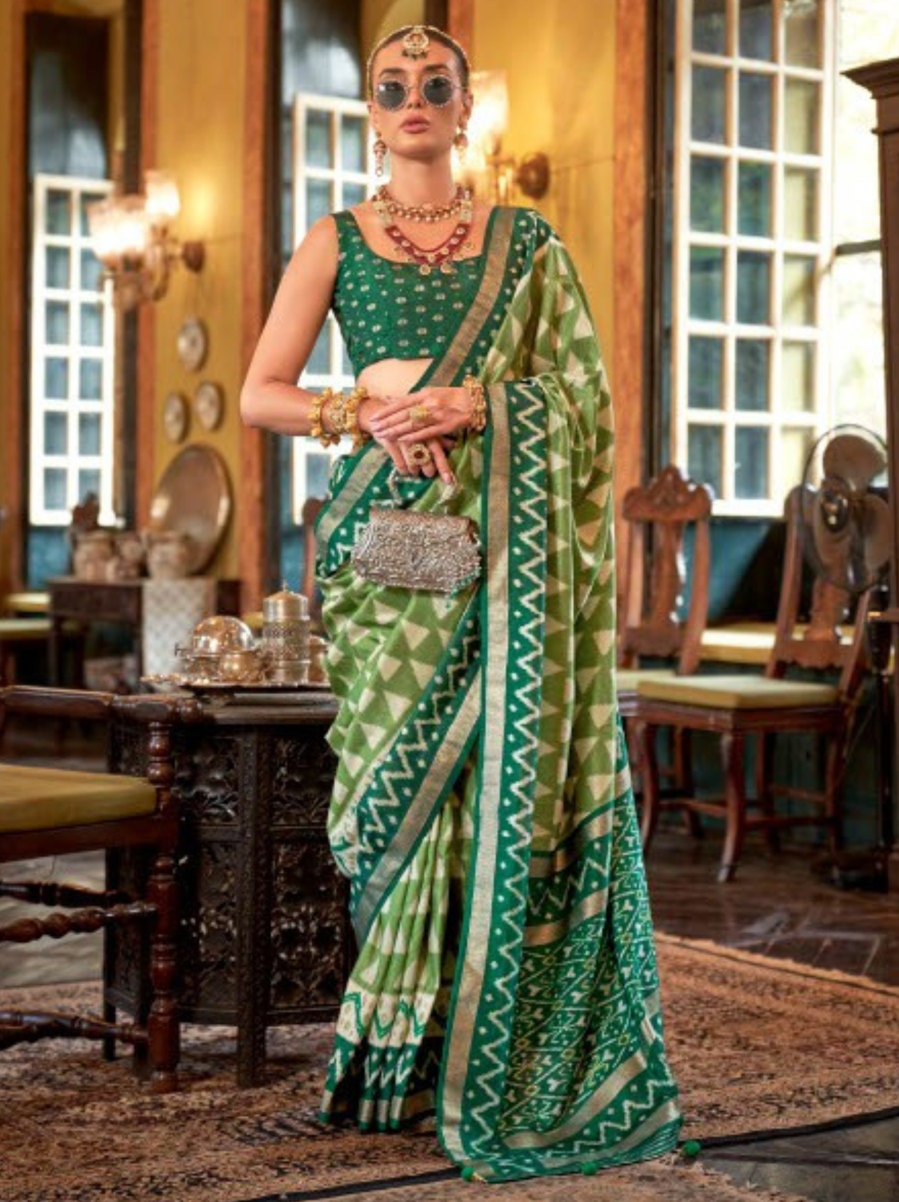 Lime Green Vibrant Patola Silk Festive Saree - TrendOye