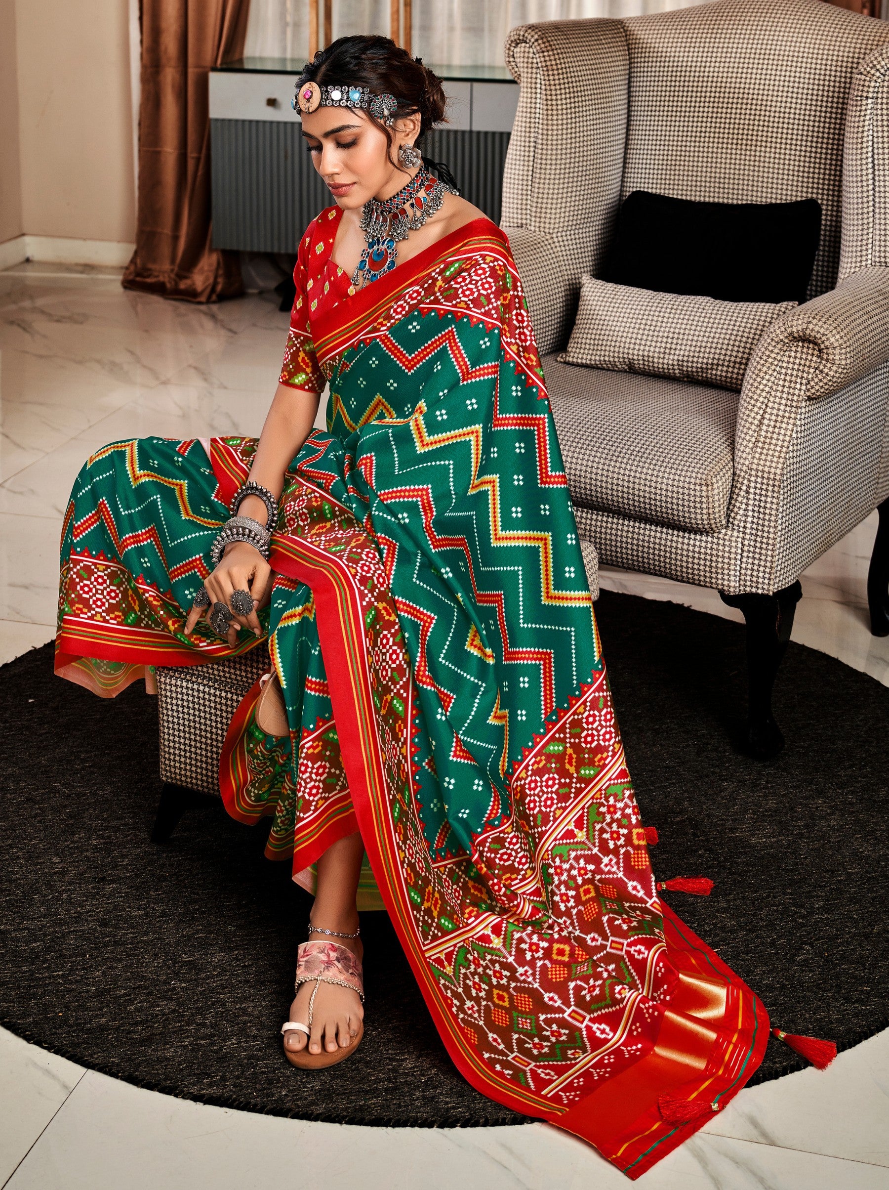 Emerald Green Patola Festive Saree - TrendOye