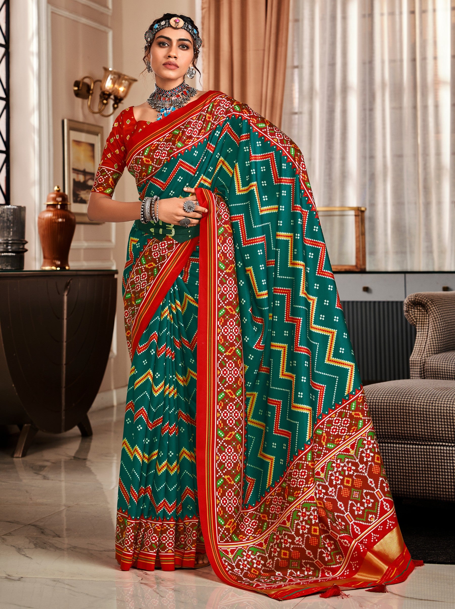 Emerald Green Patola Festive Saree - TrendOye