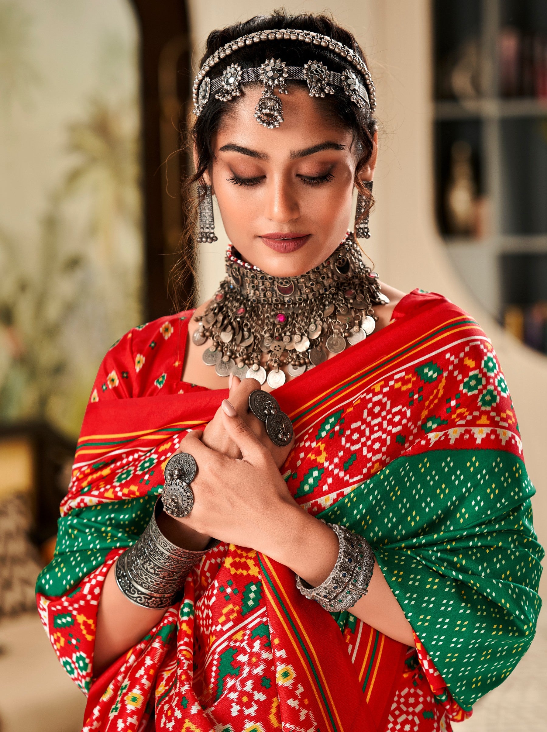 Forest Green Patola Festive Saree - TrendOye