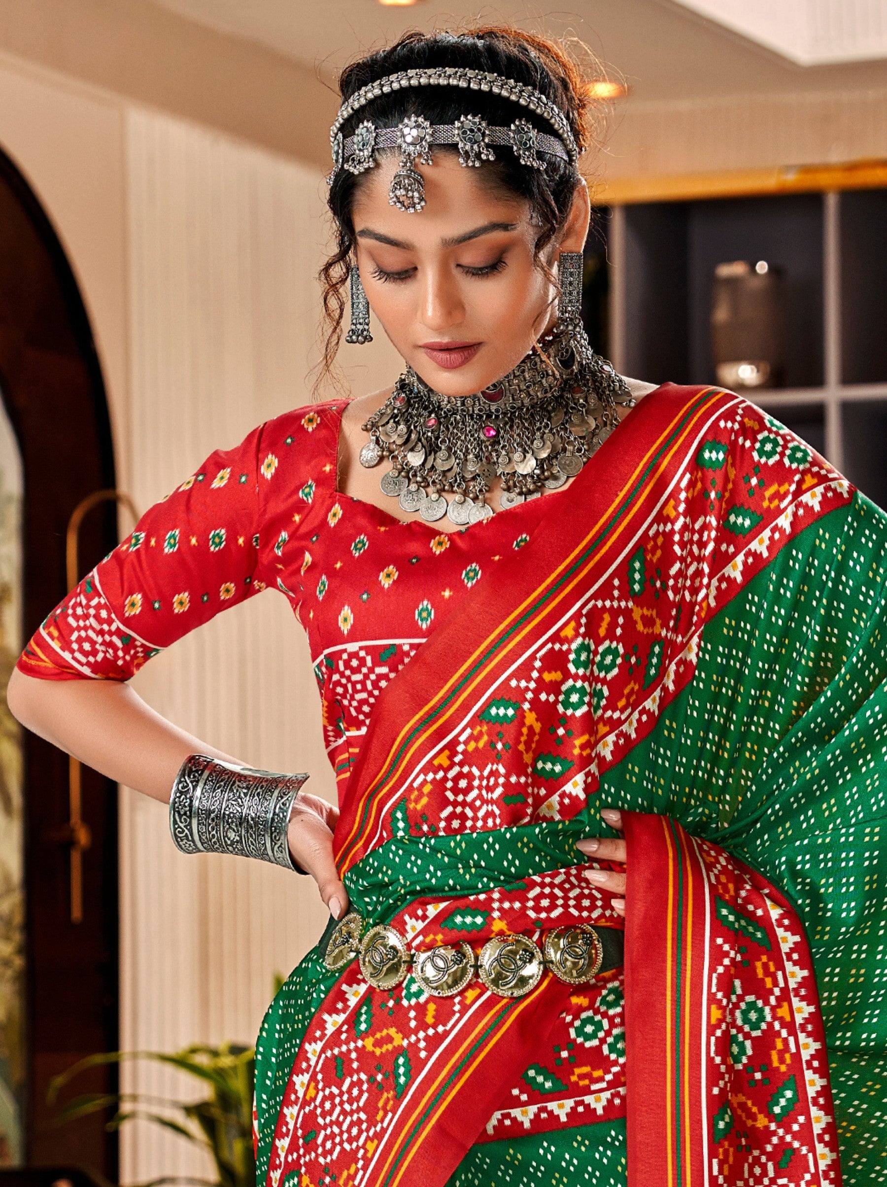 Forest Green Patola Festive Saree - TrendOye