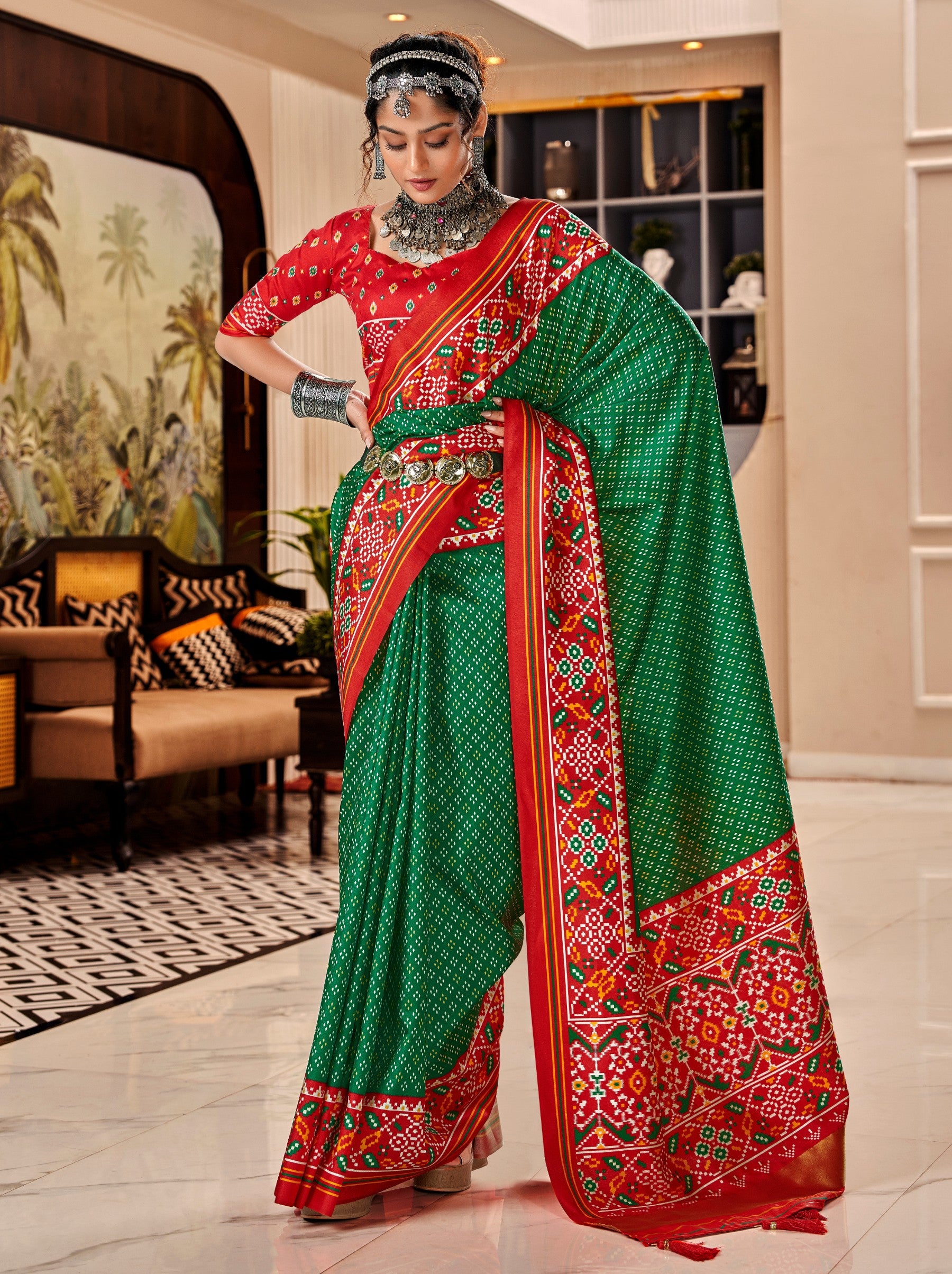 Forest Green Patola Festive Saree - TrendOye