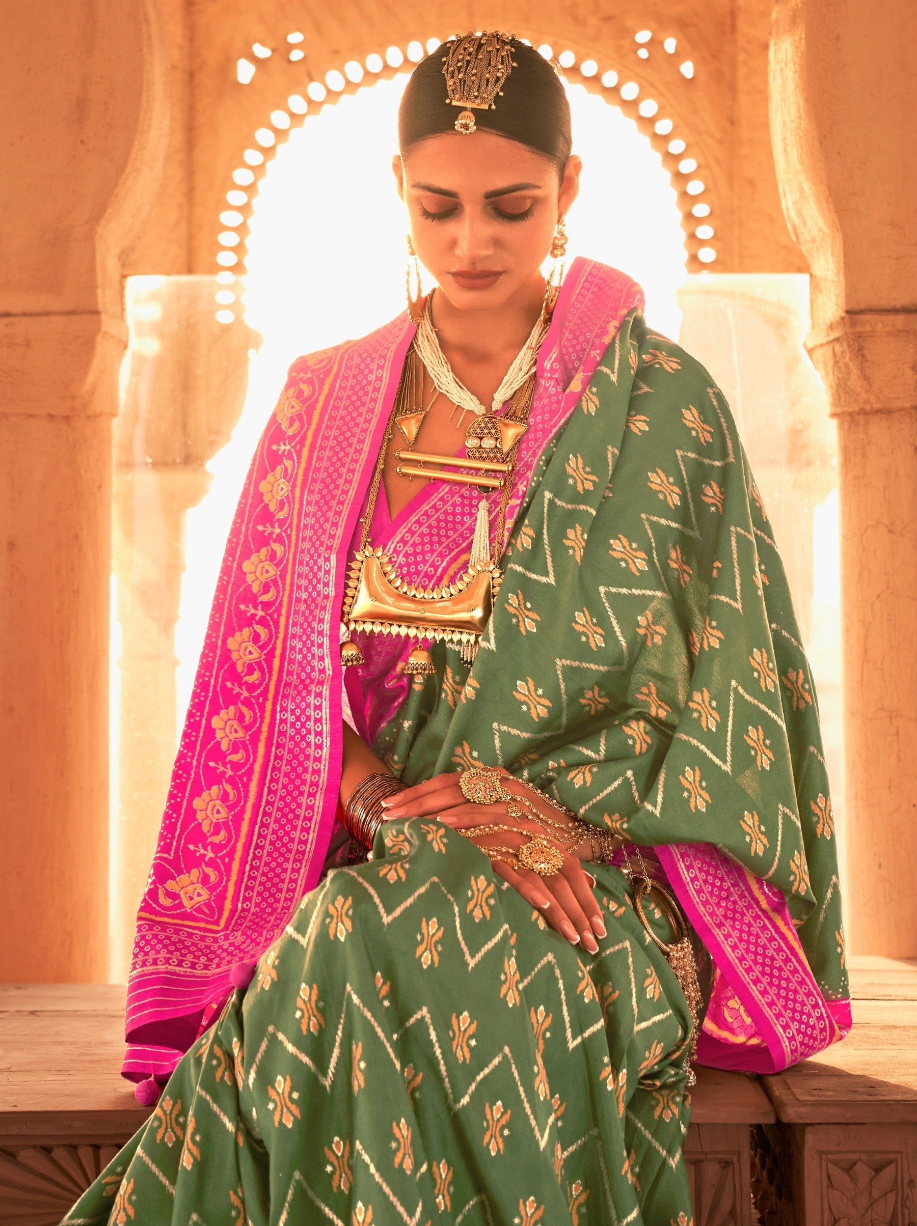 Moss Green Premium Patola Festive Saree - TrendOye