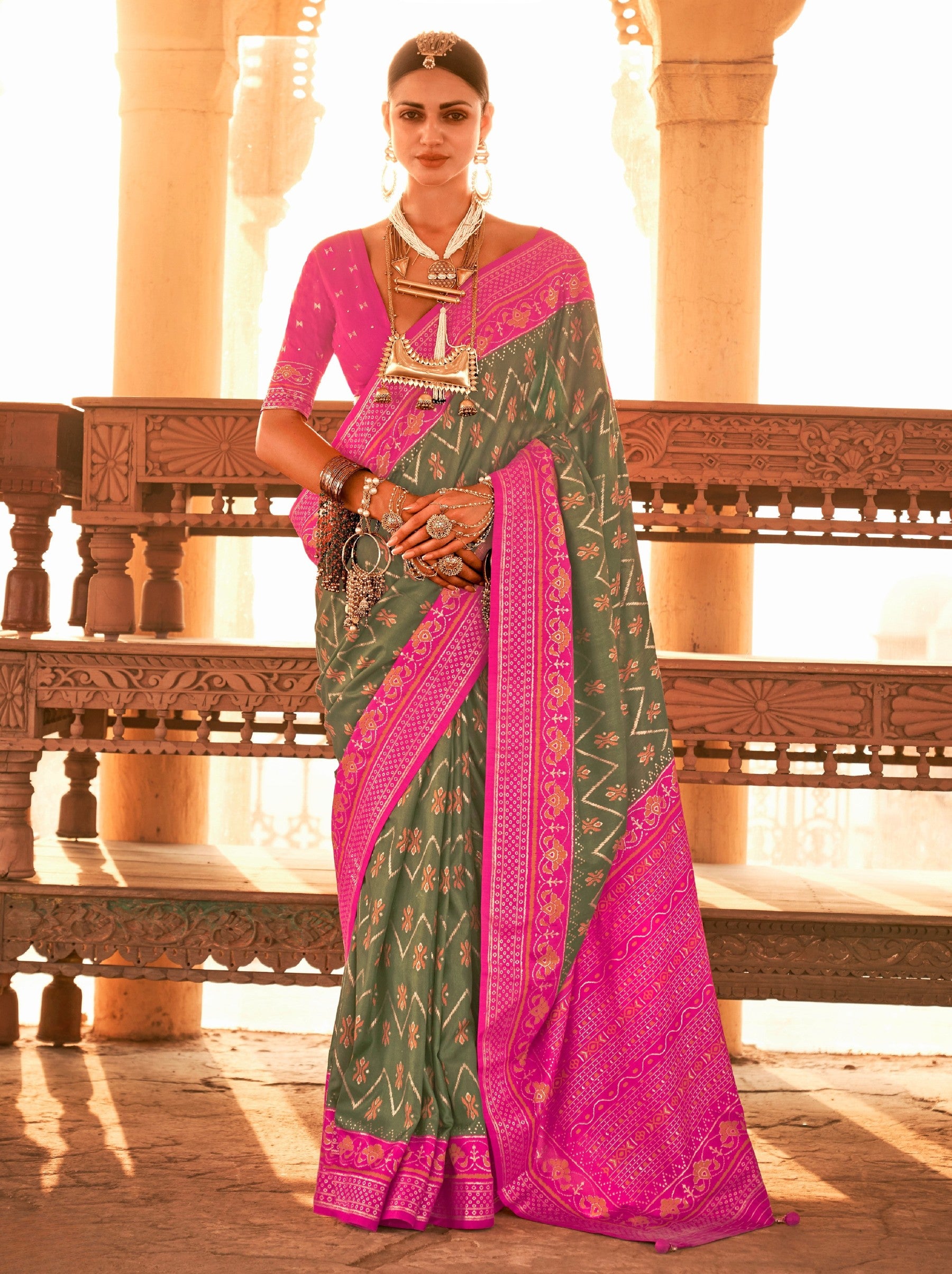 Moss Green Premium Patola Festive Saree - TrendOye