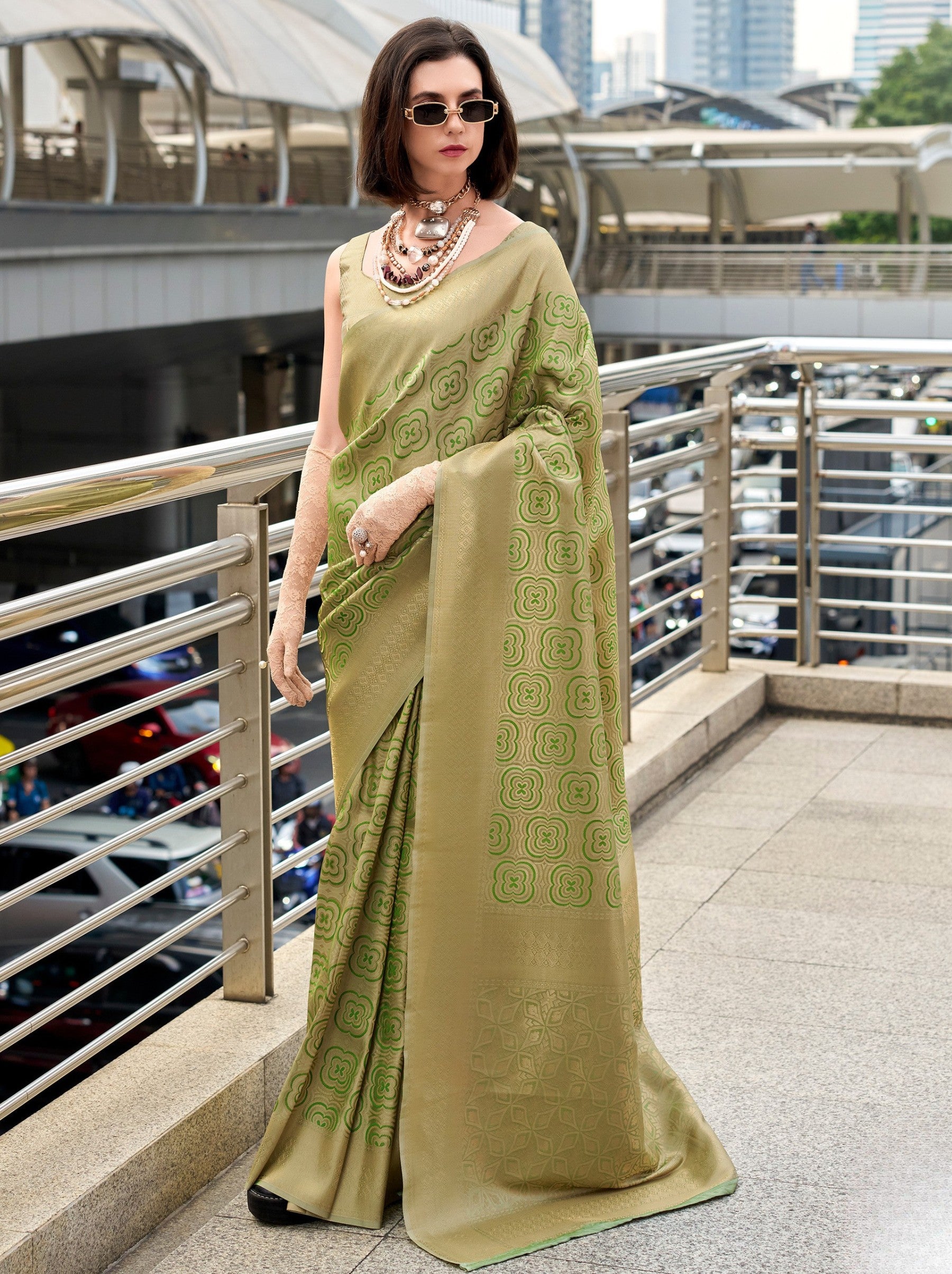 Moss Green Kanjivaram Festive Saree - TrendOye
