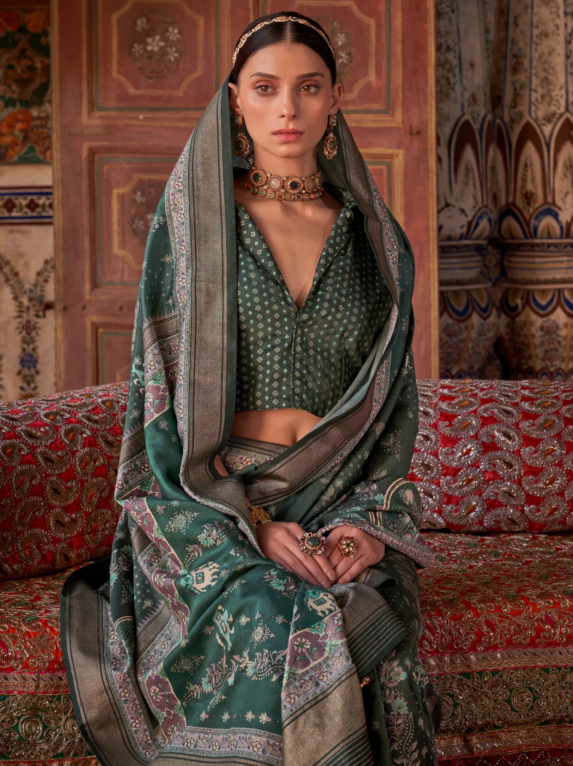 Hunter Green Fancy Silk Celebration Saree - TrendOye