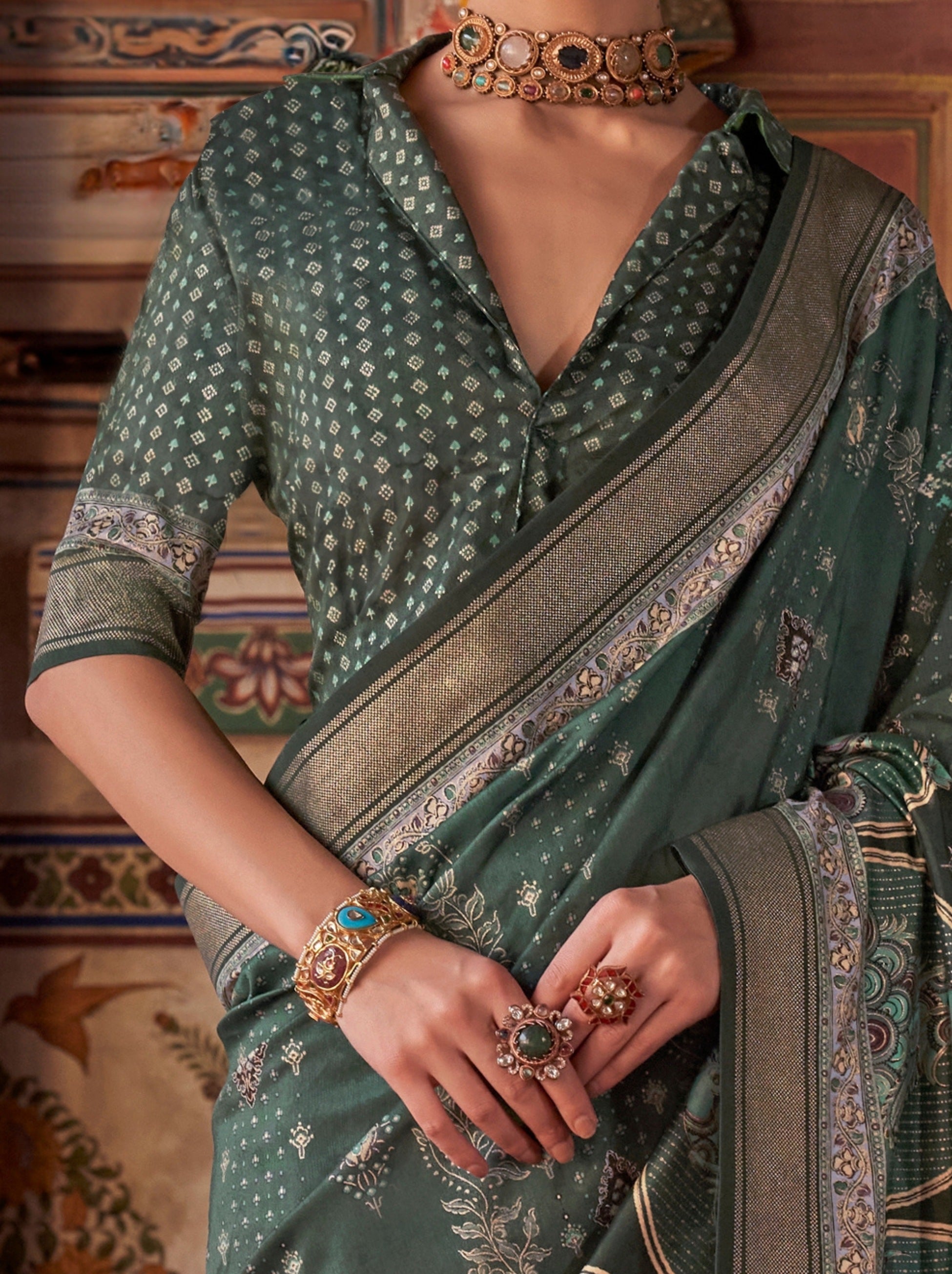 Hunter Green Fancy Silk Celebration Saree - TrendOye