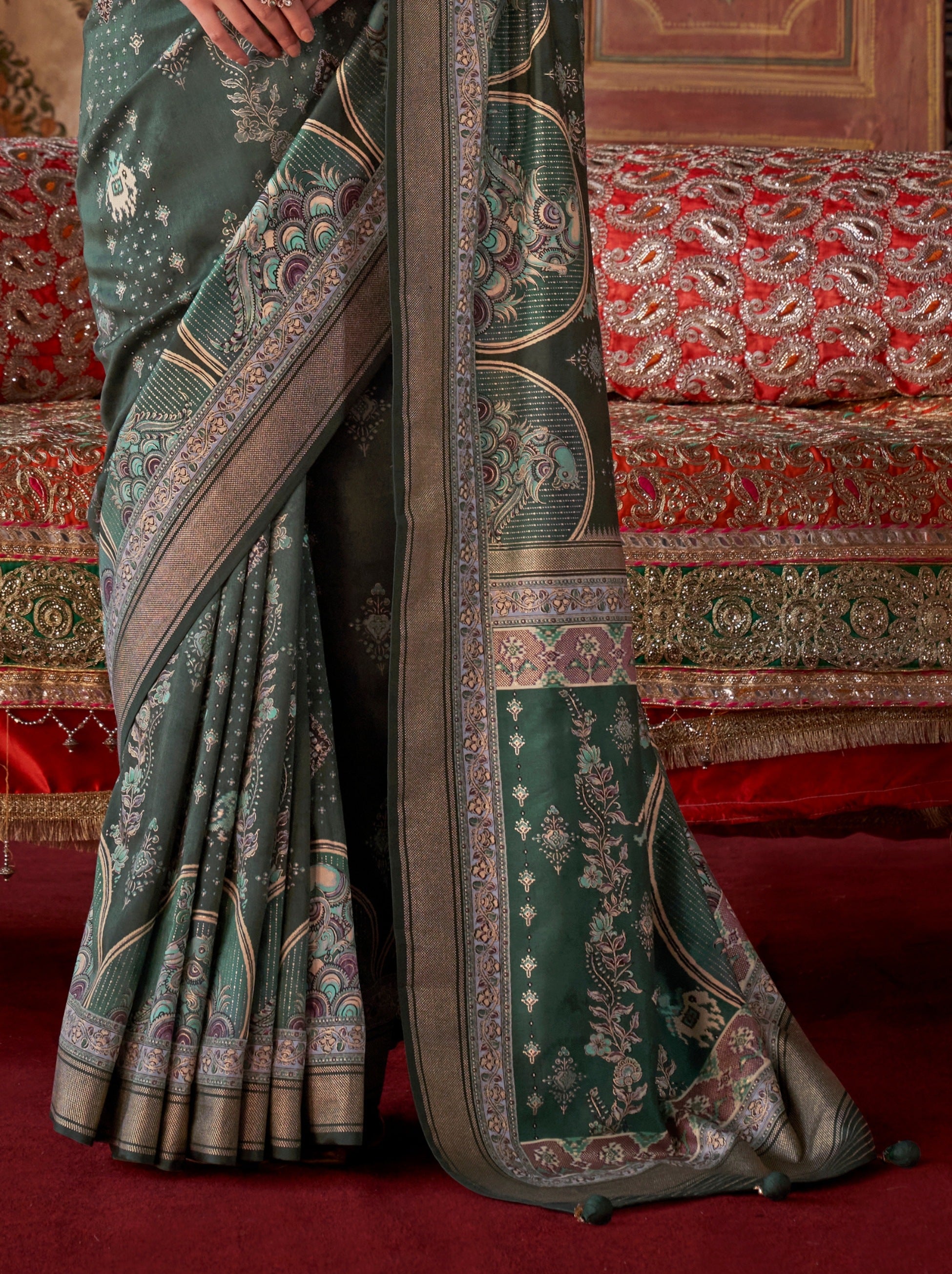 Hunter Green Fancy Silk Celebration Saree - TrendOye