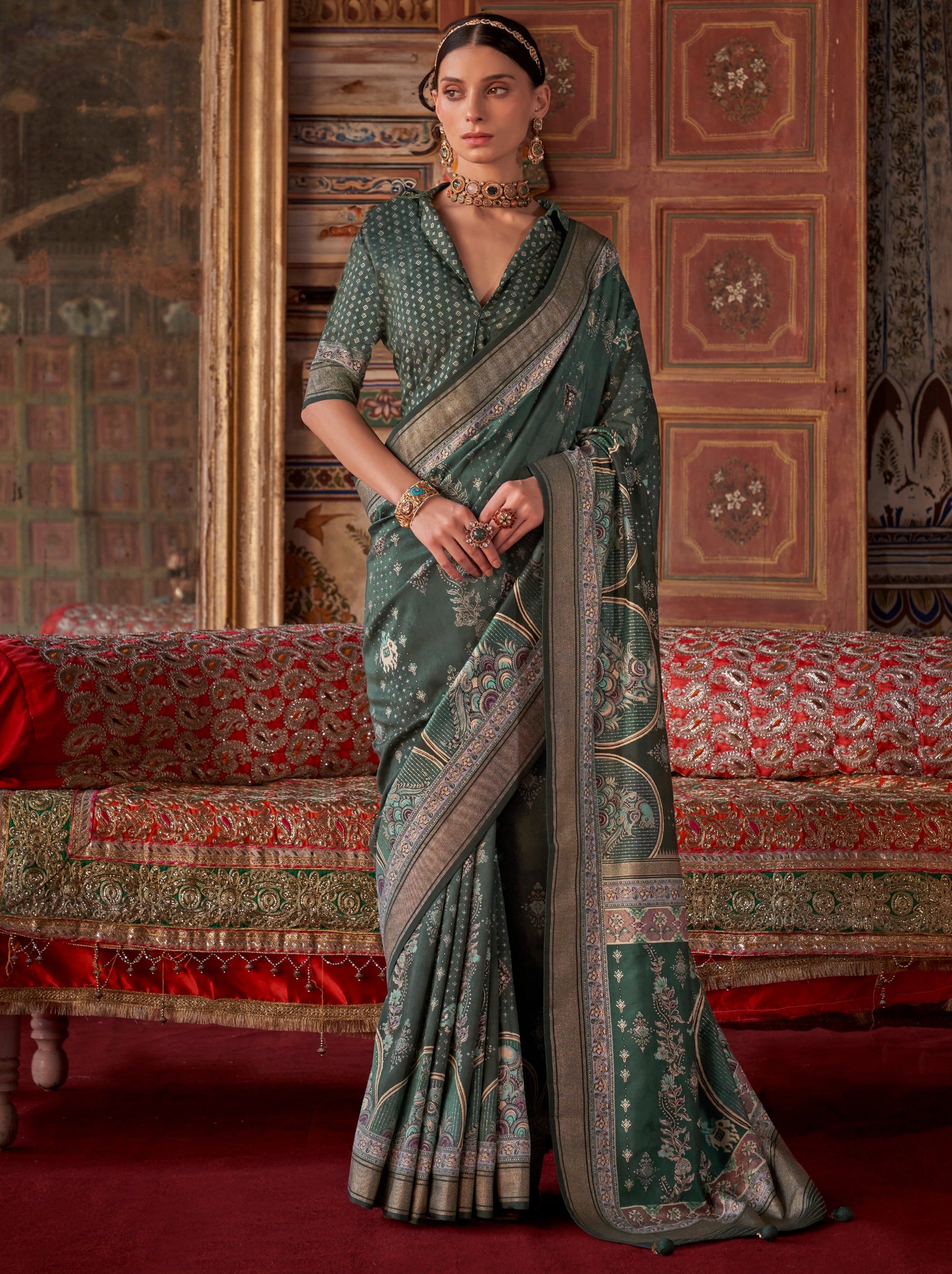 Hunter Green Fancy Silk Celebration Saree - TrendOye