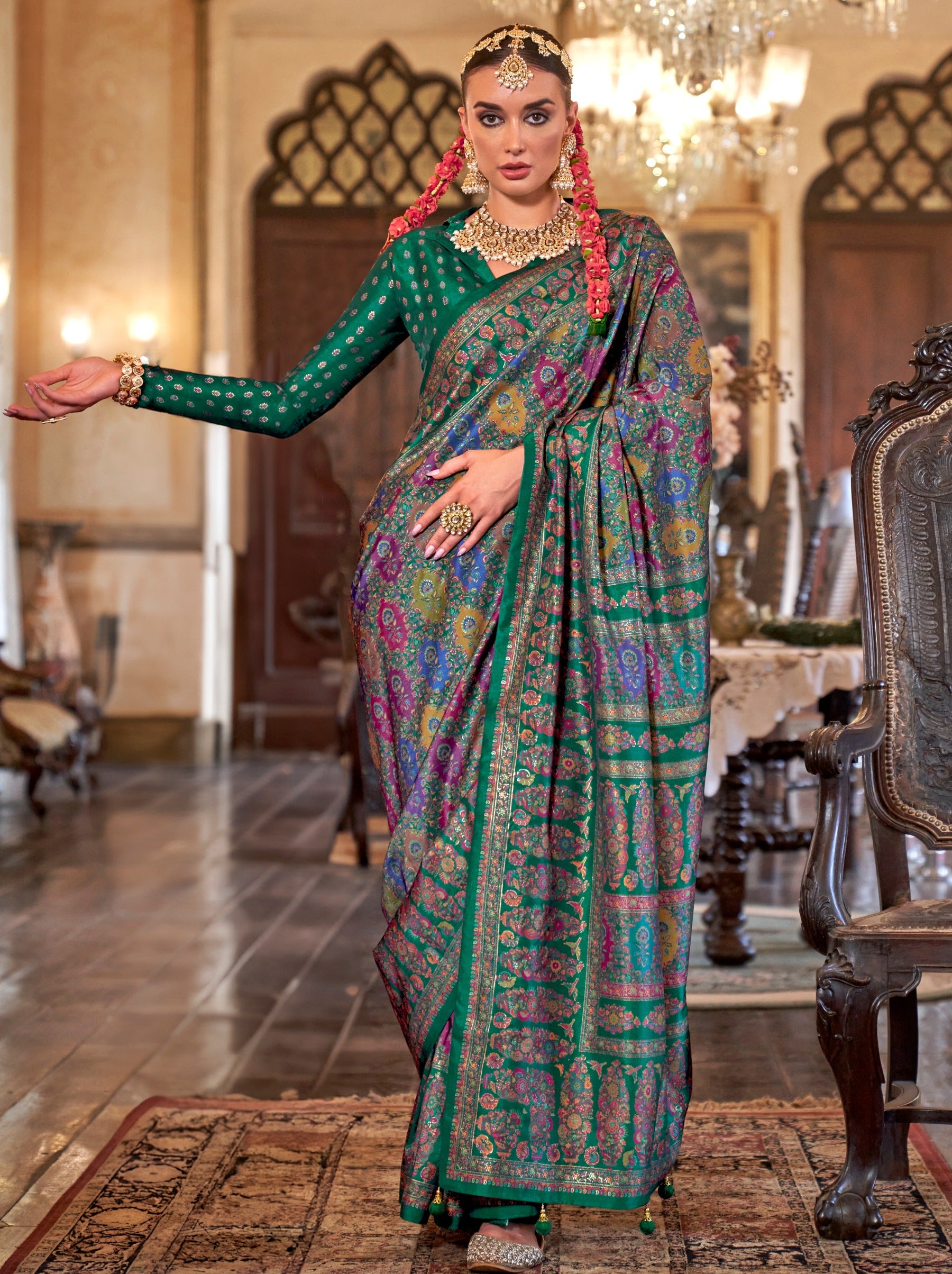Emerald Green Fancy Silk Party Saree - TrendOye