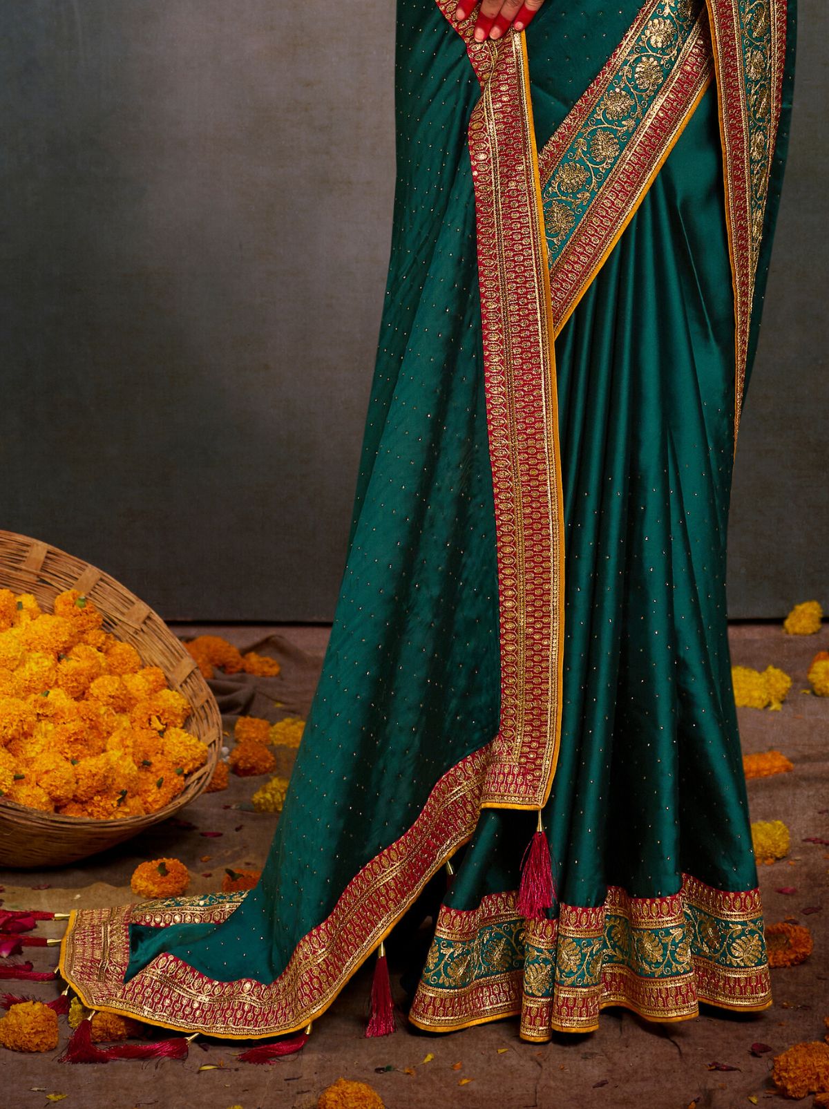 Pine Green Fine Premium Wedding Designer Silk Saree - TrendOye