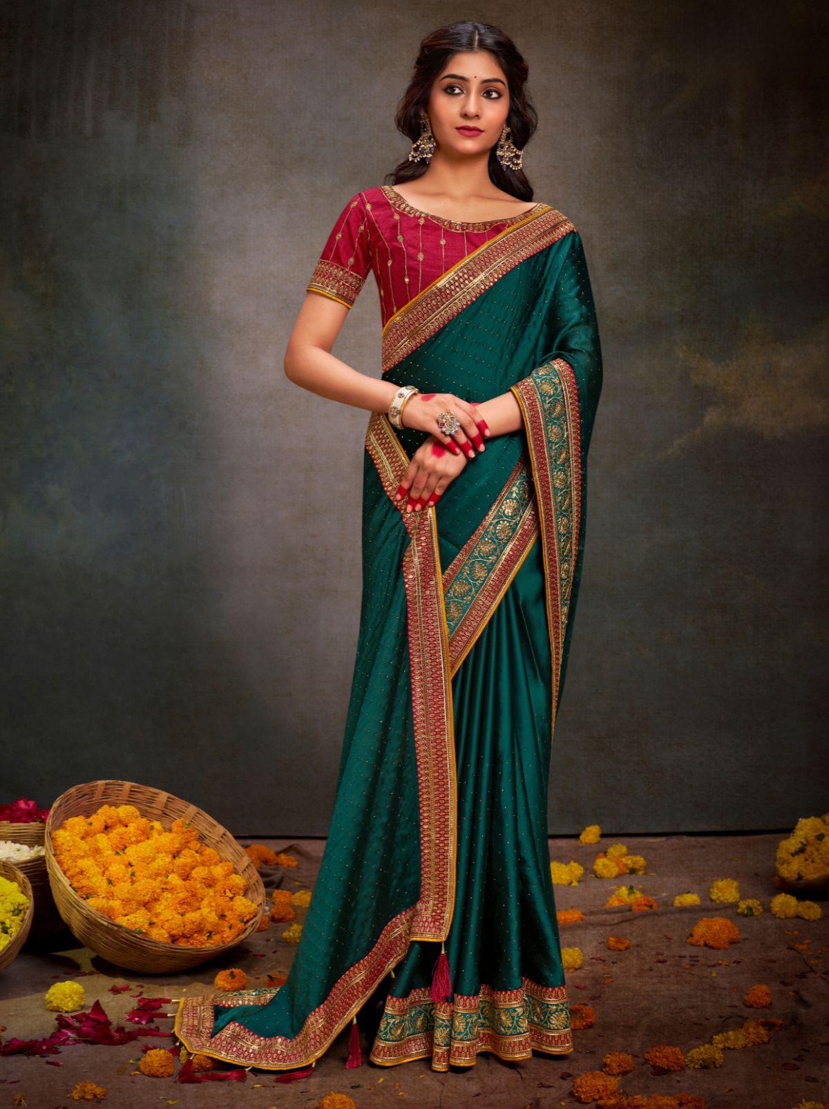 Pine Green Fine Premium Wedding Designer Silk Saree - TrendOye